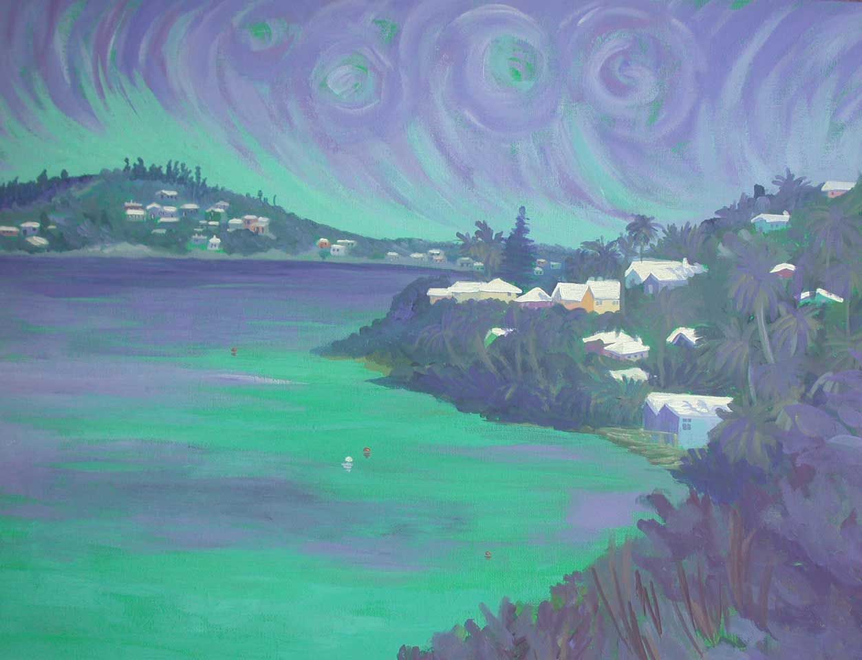 A painting of a cliff overlooking a body of water with houses in the distance.