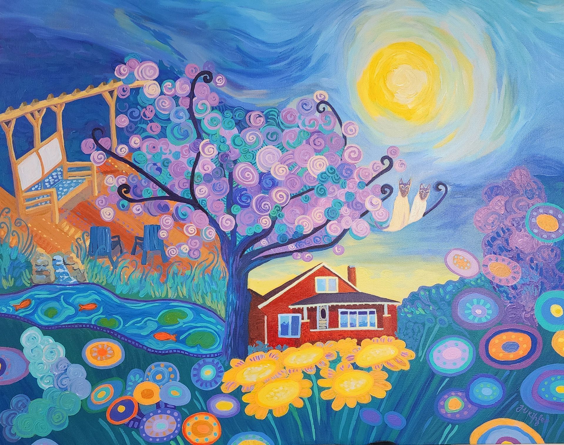A painting of a house surrounded by flowers and a tree
