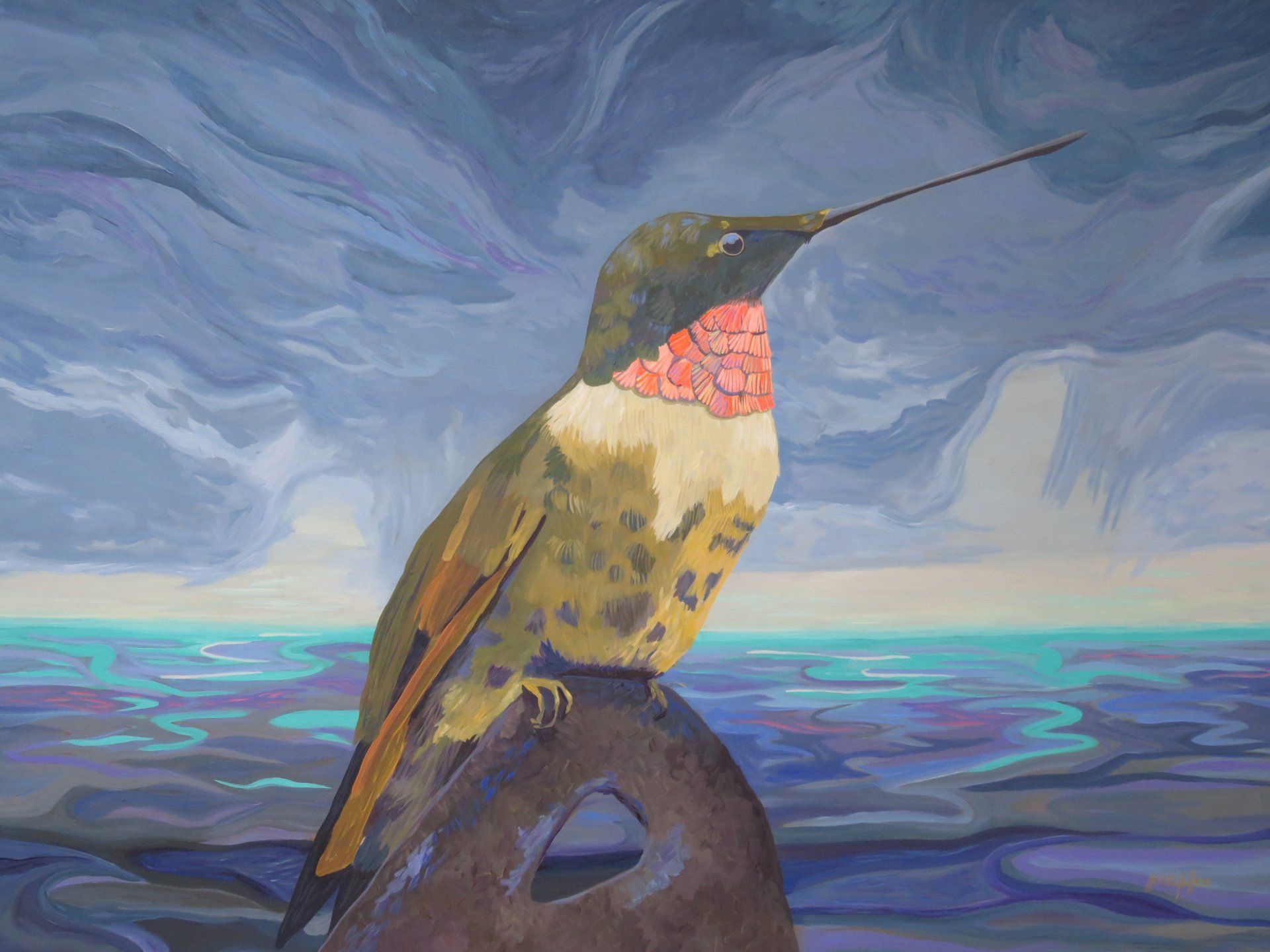 A painting of a hummingbird sitting on a rock near the ocean