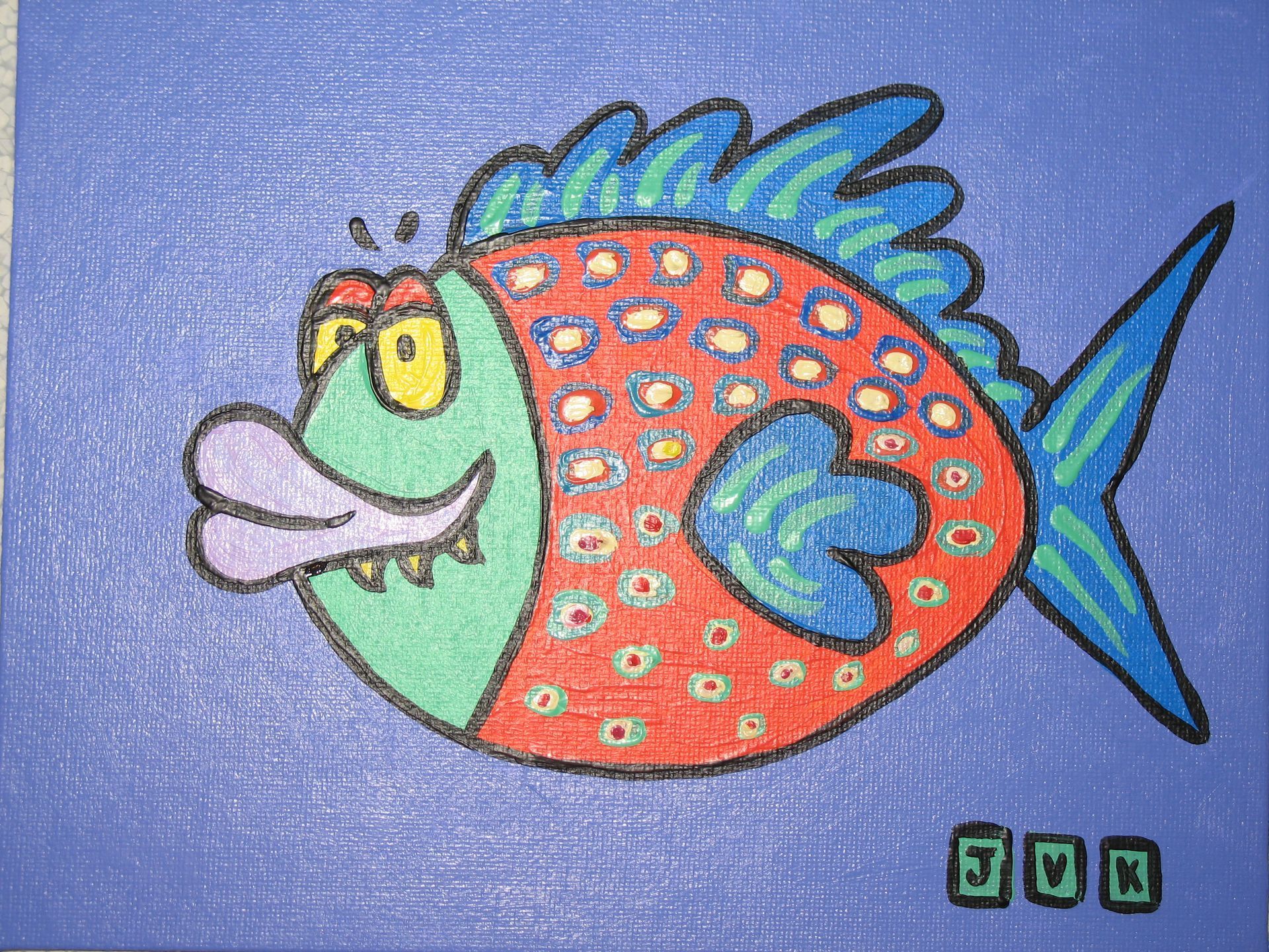 Colorful cartoon fish with red body, blue fins, green face, and a grumpy expression, on a blue background.