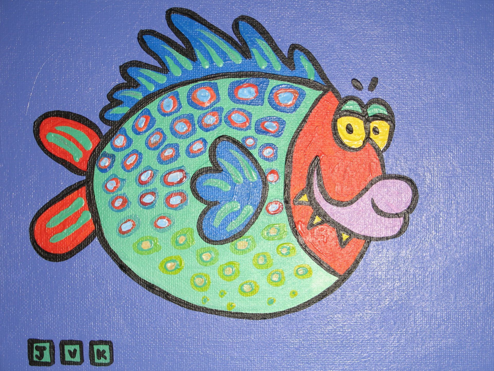 Colorful cartoon fish with red, green, and blue scales, and a toothy grin on a purple background.