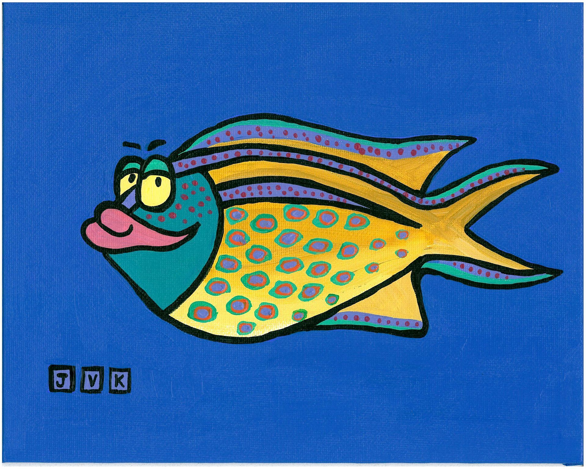 Cartoonish fish with yellow body, purple and teal stripes, and a friendly smile against a blue background.