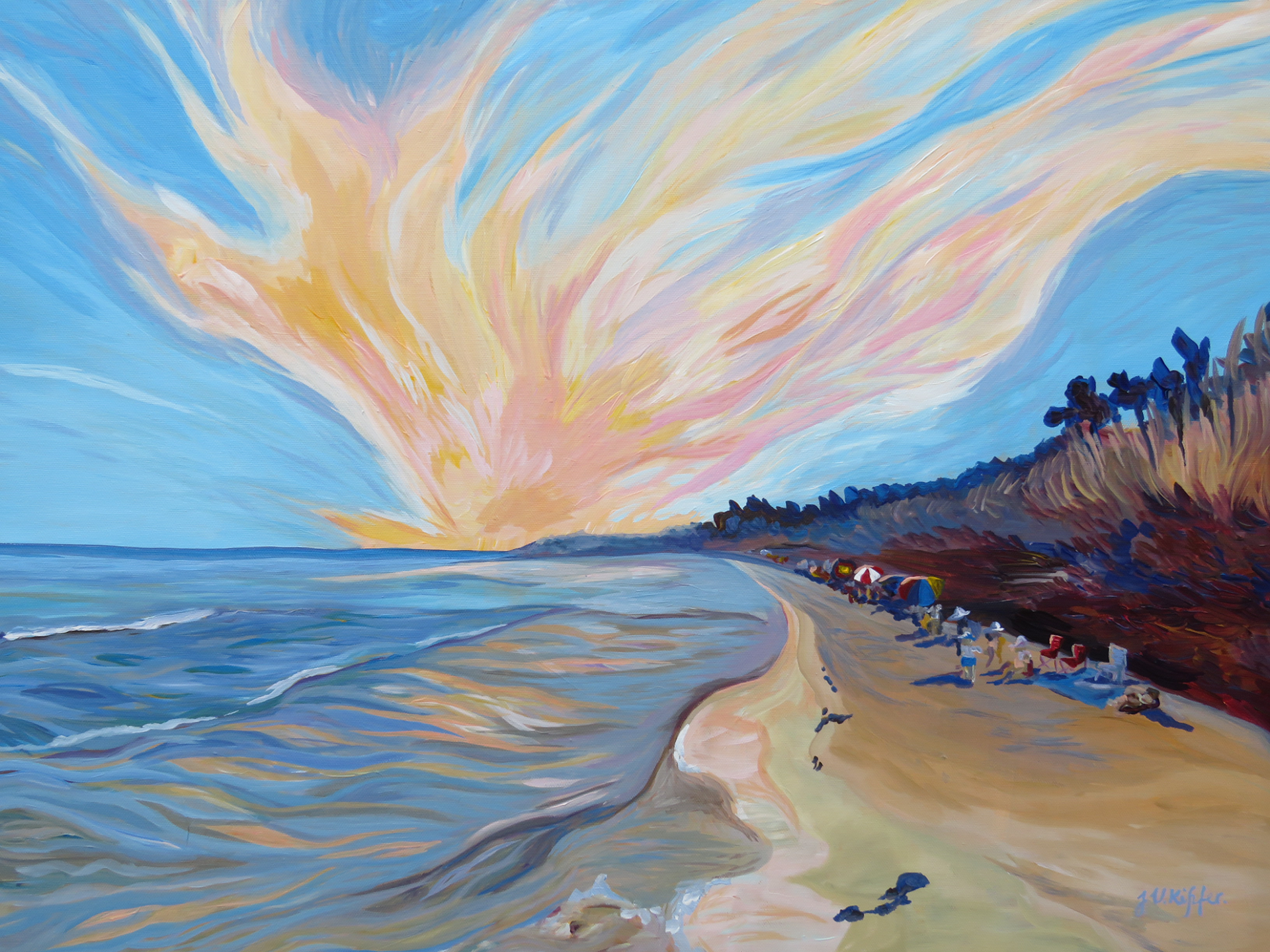 A painting of a beach with a sunset in the background