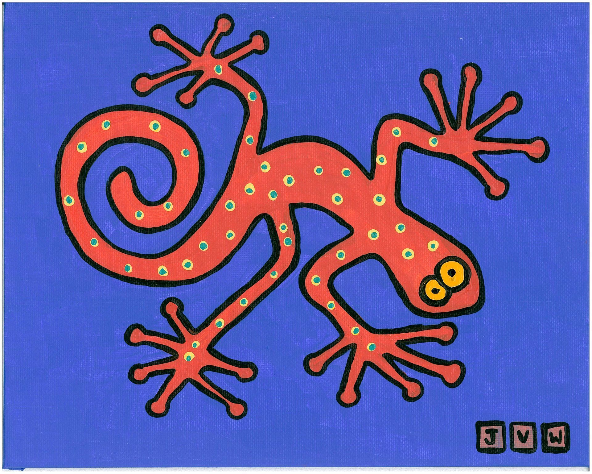 Red lizard with yellow eyes and spots, curled tail, and spindly legs on a blue background.