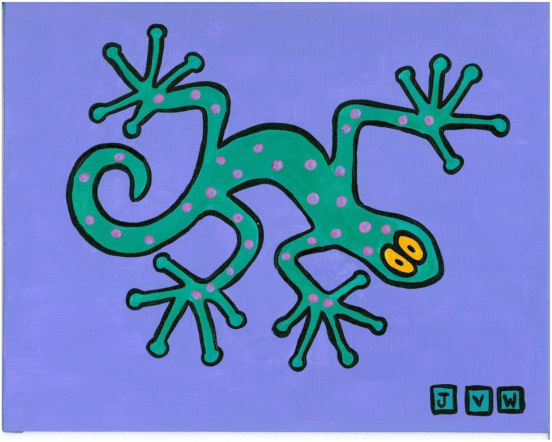 Green cartoon gecko with purple spots on a purple background. Yellow eyes, curled tail, and outstretched limbs.