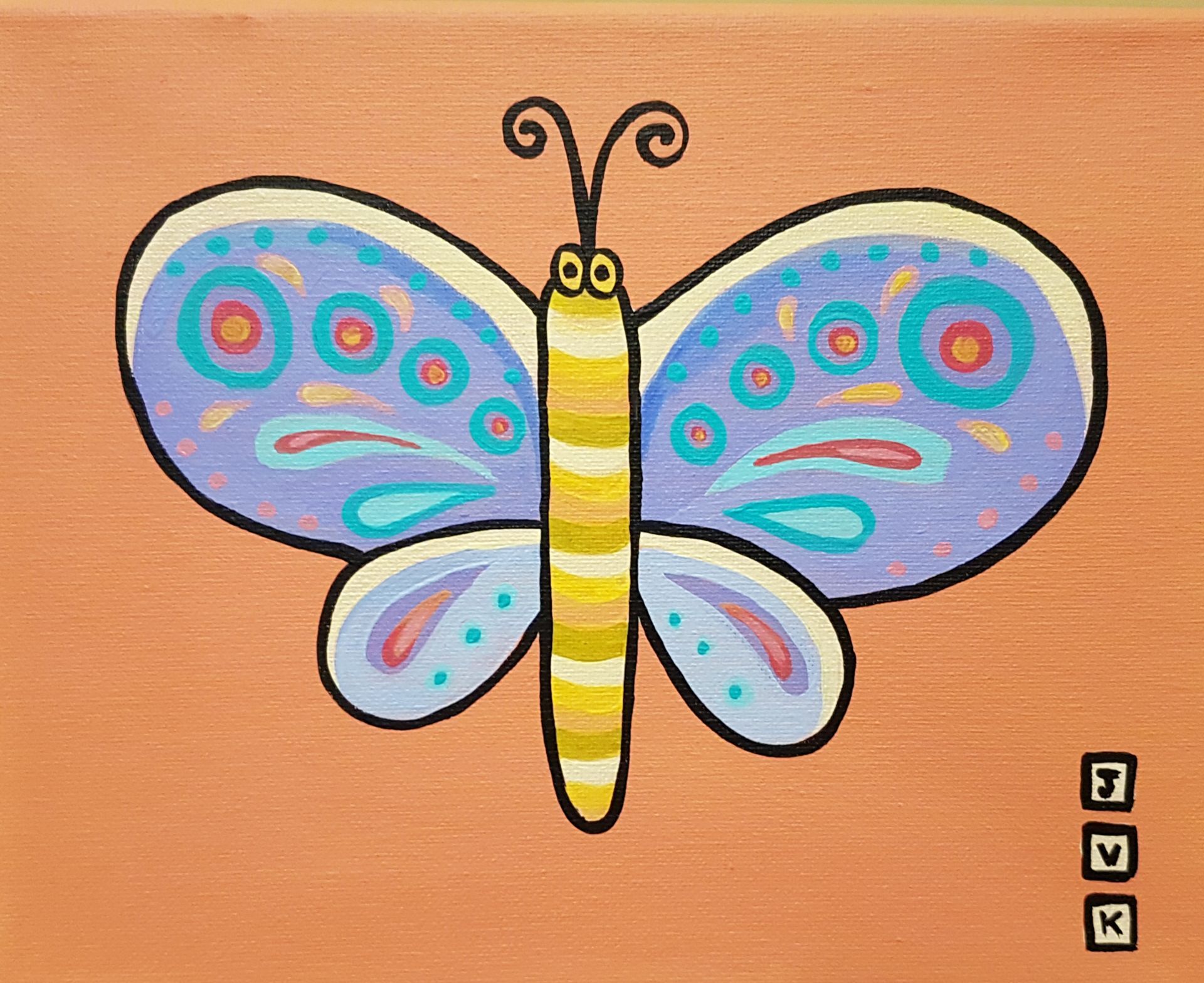 Butterfly painting with blue and teal wings, yellow body, on an orange background.
