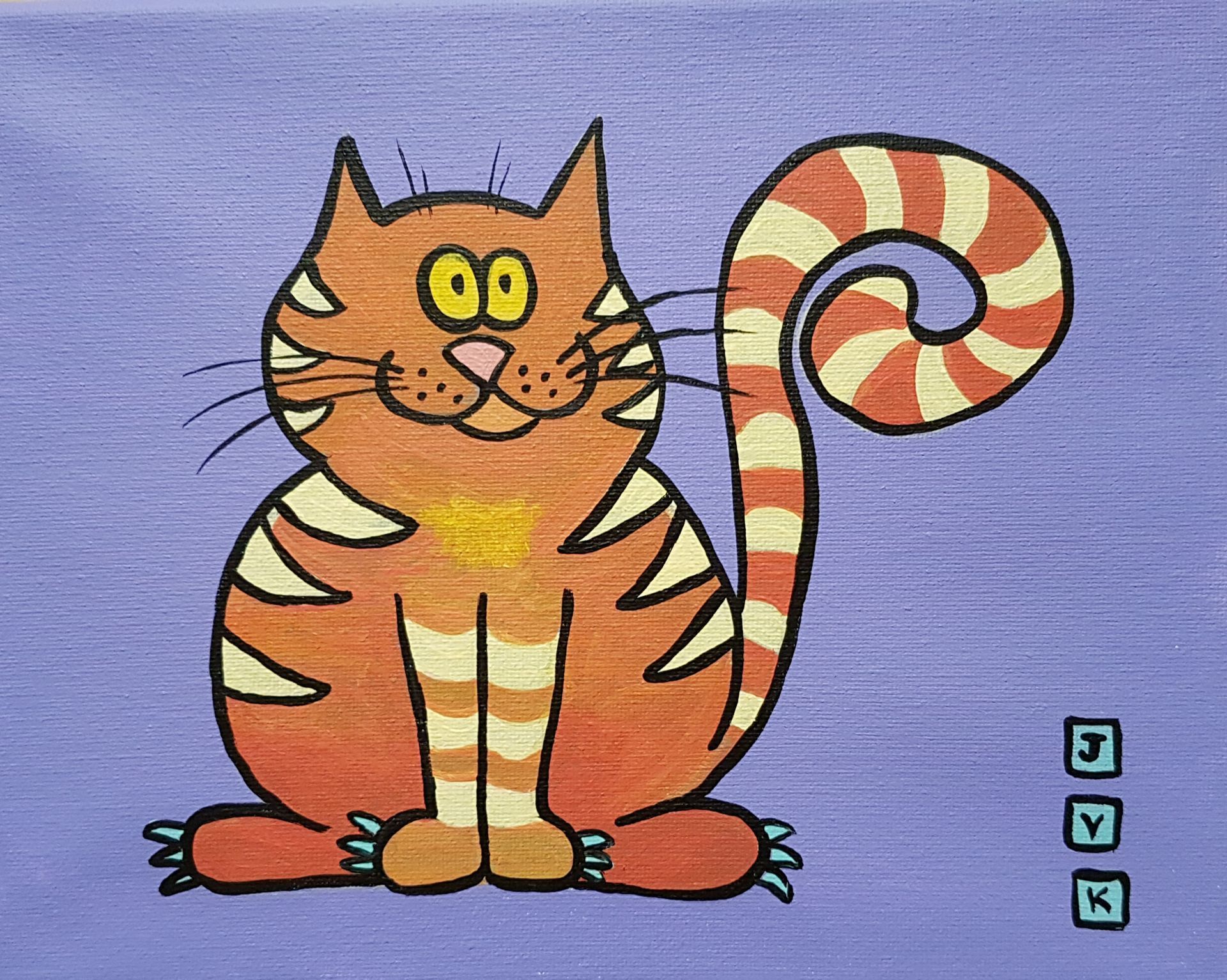 Cartoon cat with orange and cream stripes, sitting against a lavender background. It has a curled tail and a smiling expression.