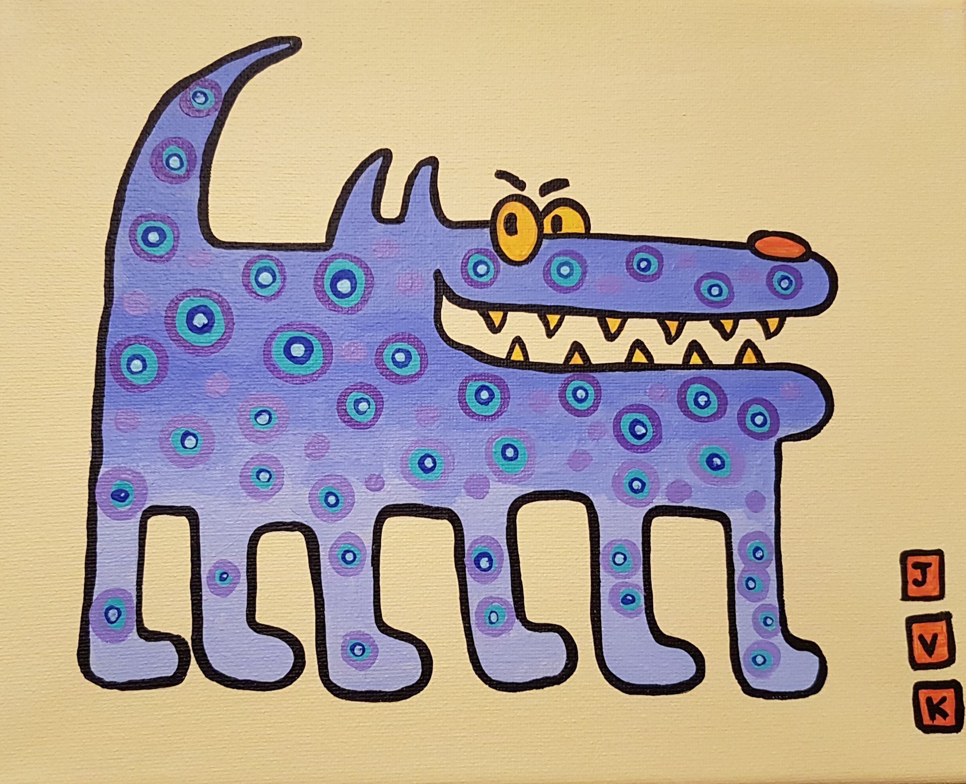 Purple cartoon dog with large teeth and polka dots on a wooden background.