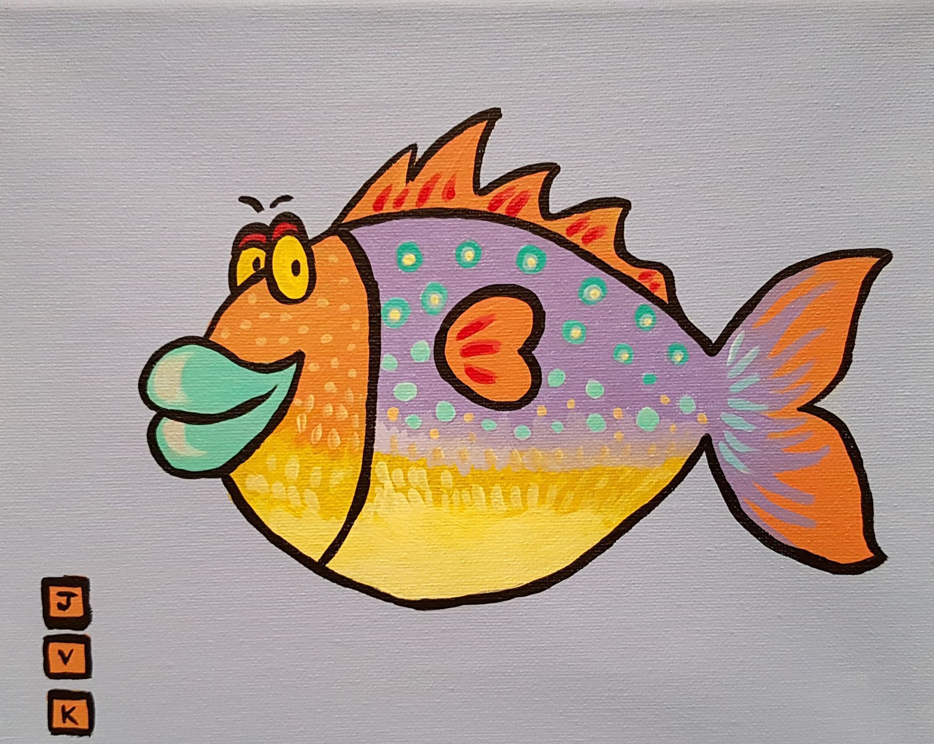 Cartoon fish with an orange face, purple body with blue spots, and orange fins. The fish has an angry expression and green lips.