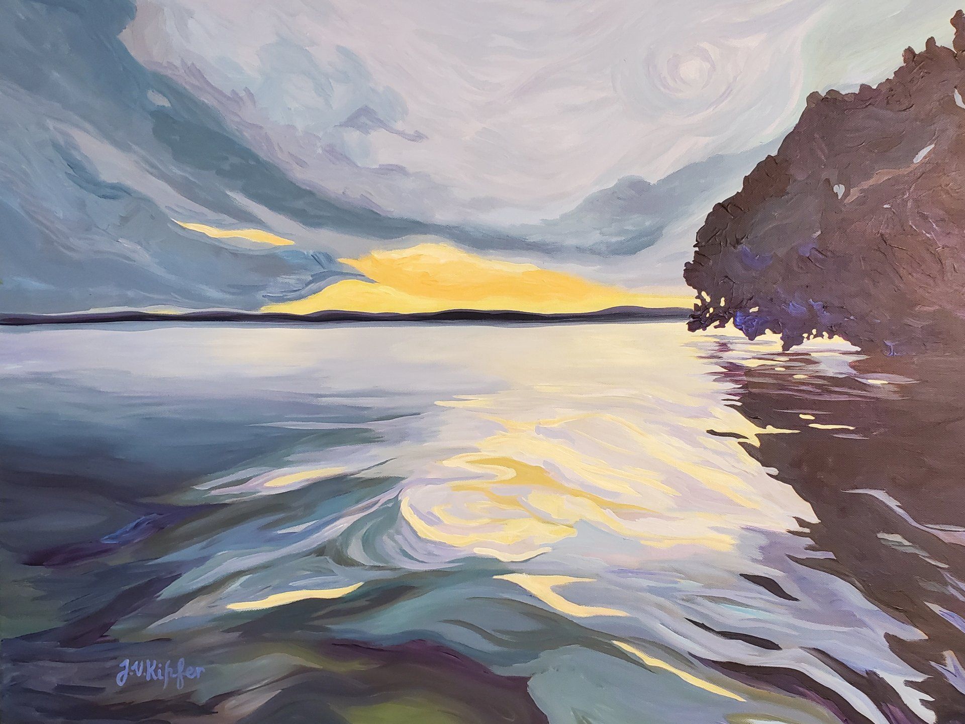 A painting of a sunset over a lake with trees in the foreground.