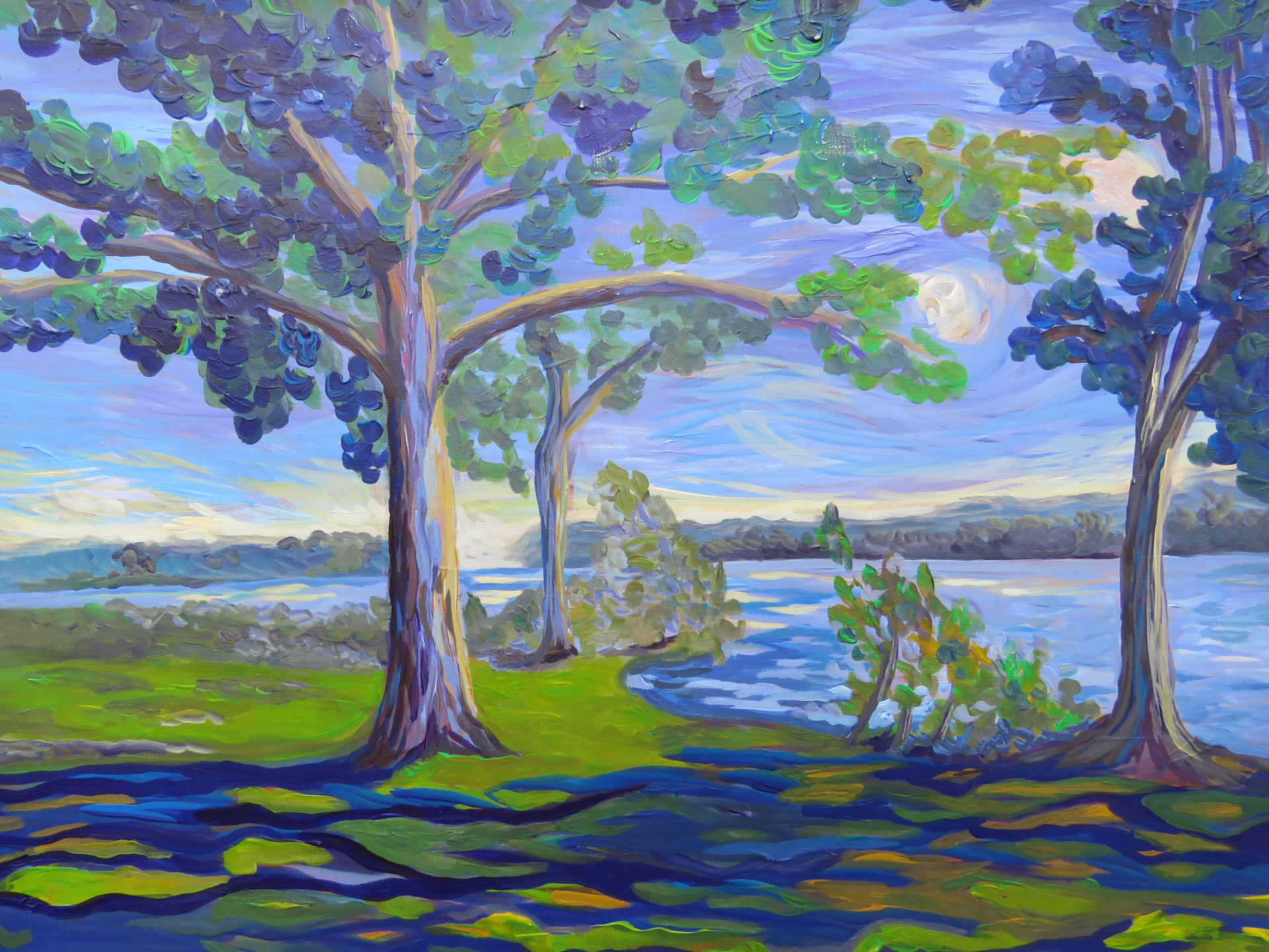 A painting of a lake with trees in the foreground