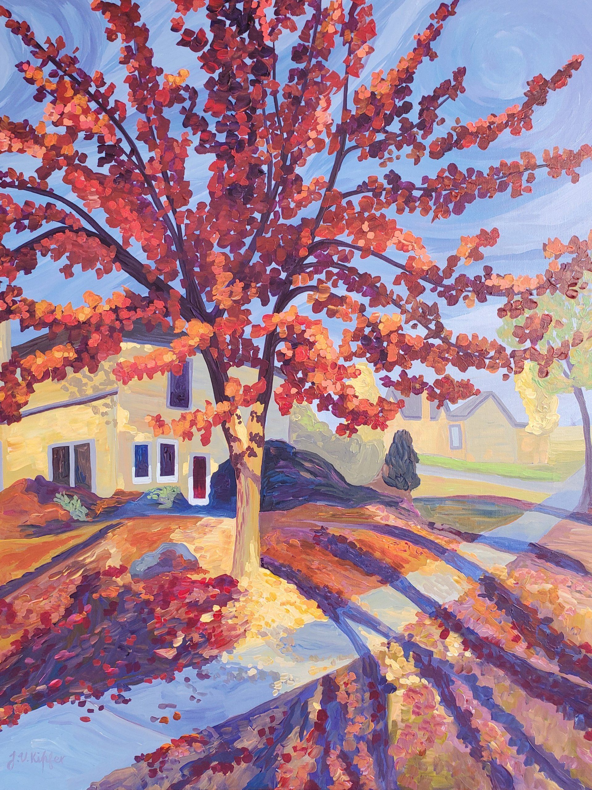 A painting of a tree with red leaves in front of a house
