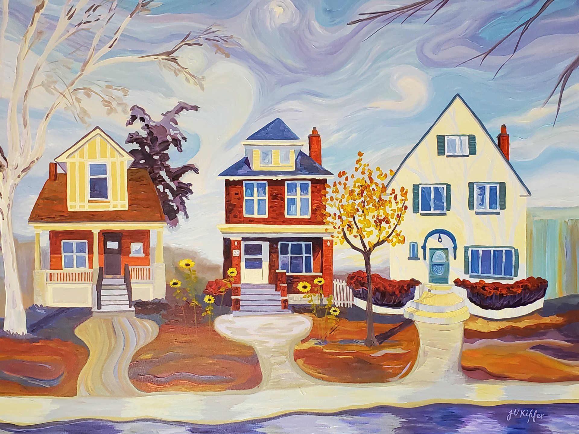 A painting of three houses with trees in front of them