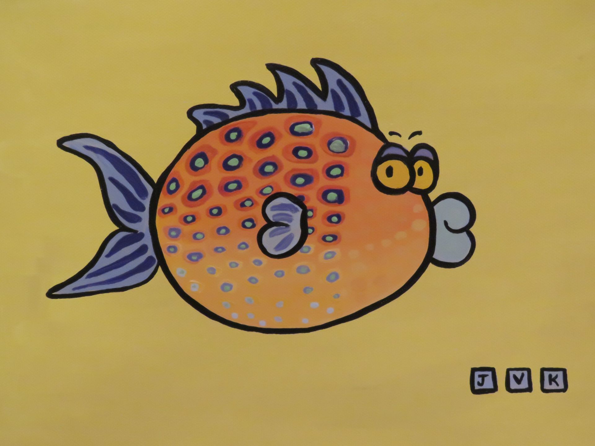 Cartoon fish with orange body and blue fins and spikes on a yellow background; eyes are wide.