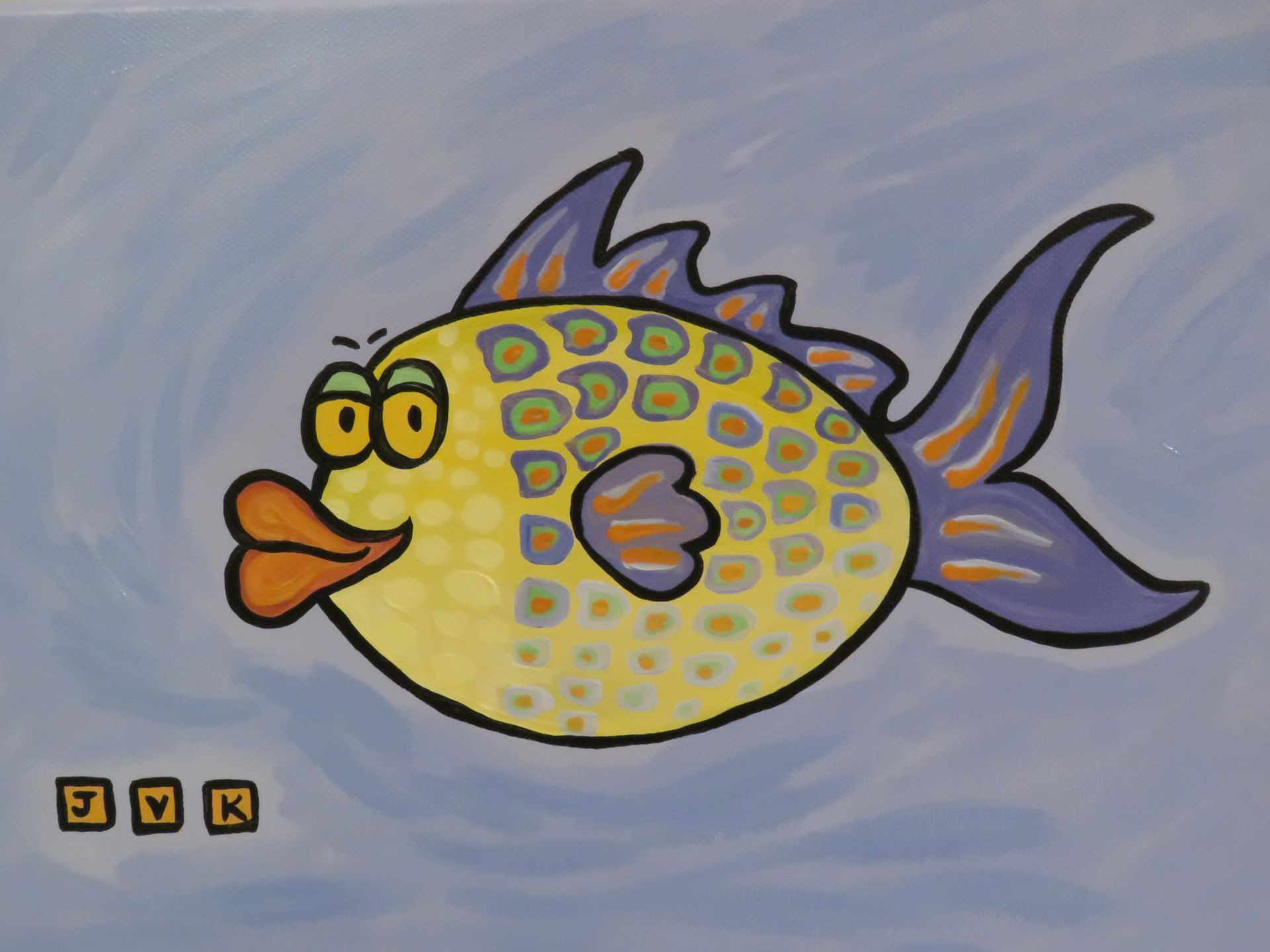 Cartoon fish with yellow body and blue fins. The fish has a surprised expression and is against a blue background.