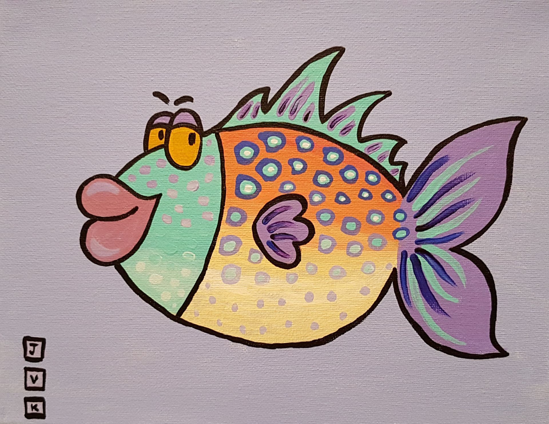 Cartoon fish with colorful spots and fins against a light blue background. The fish has a big smile and a mischievous expression.