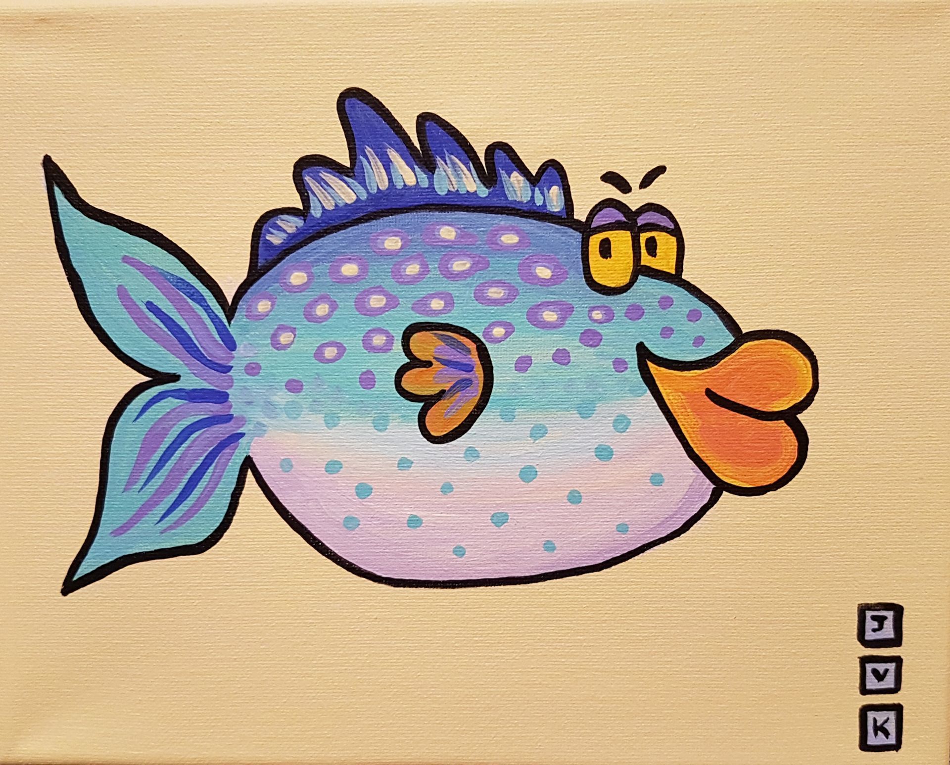A cartoon fish with a blue and purple body, orange beak, and a fin on a beige background.