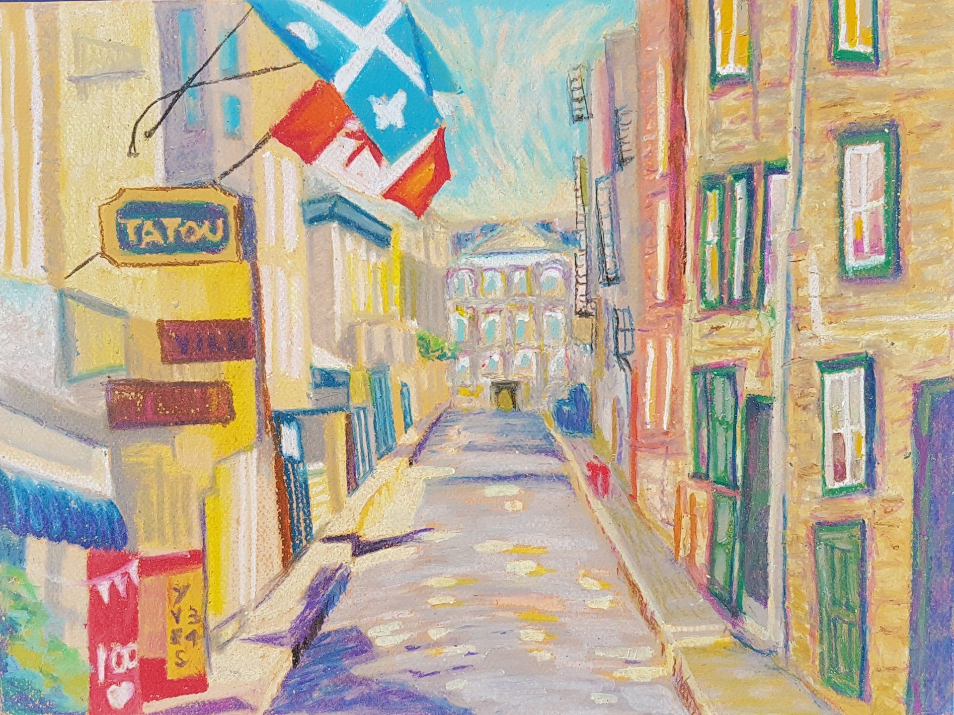 A painting of a city street with a canadian flag hanging from a building.
