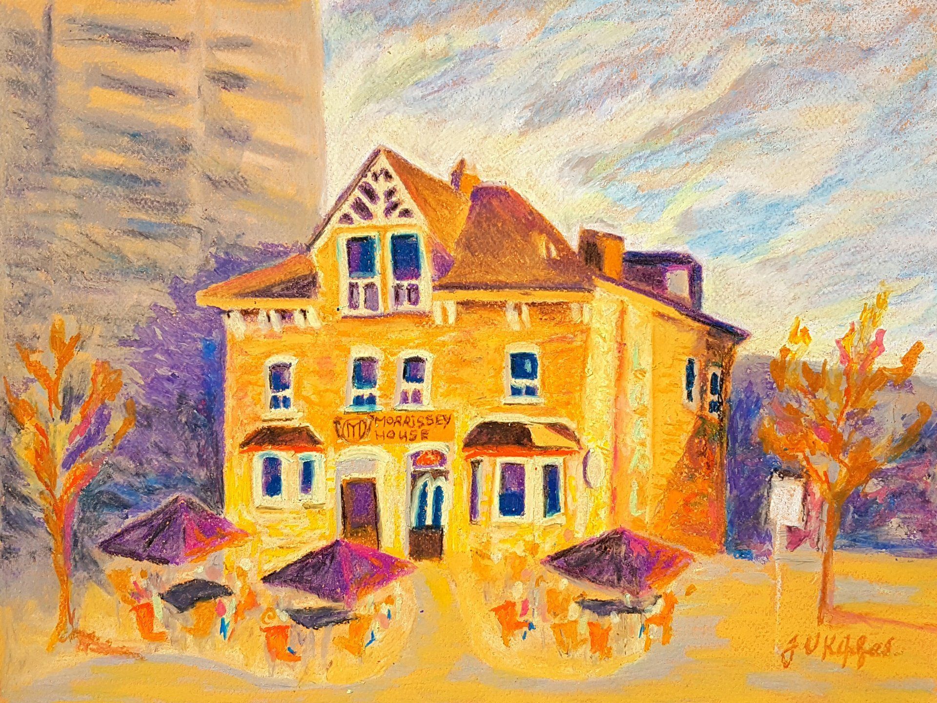 A painting of The Morrissey House restaurant and bar with tables and umbrellas in front of it.