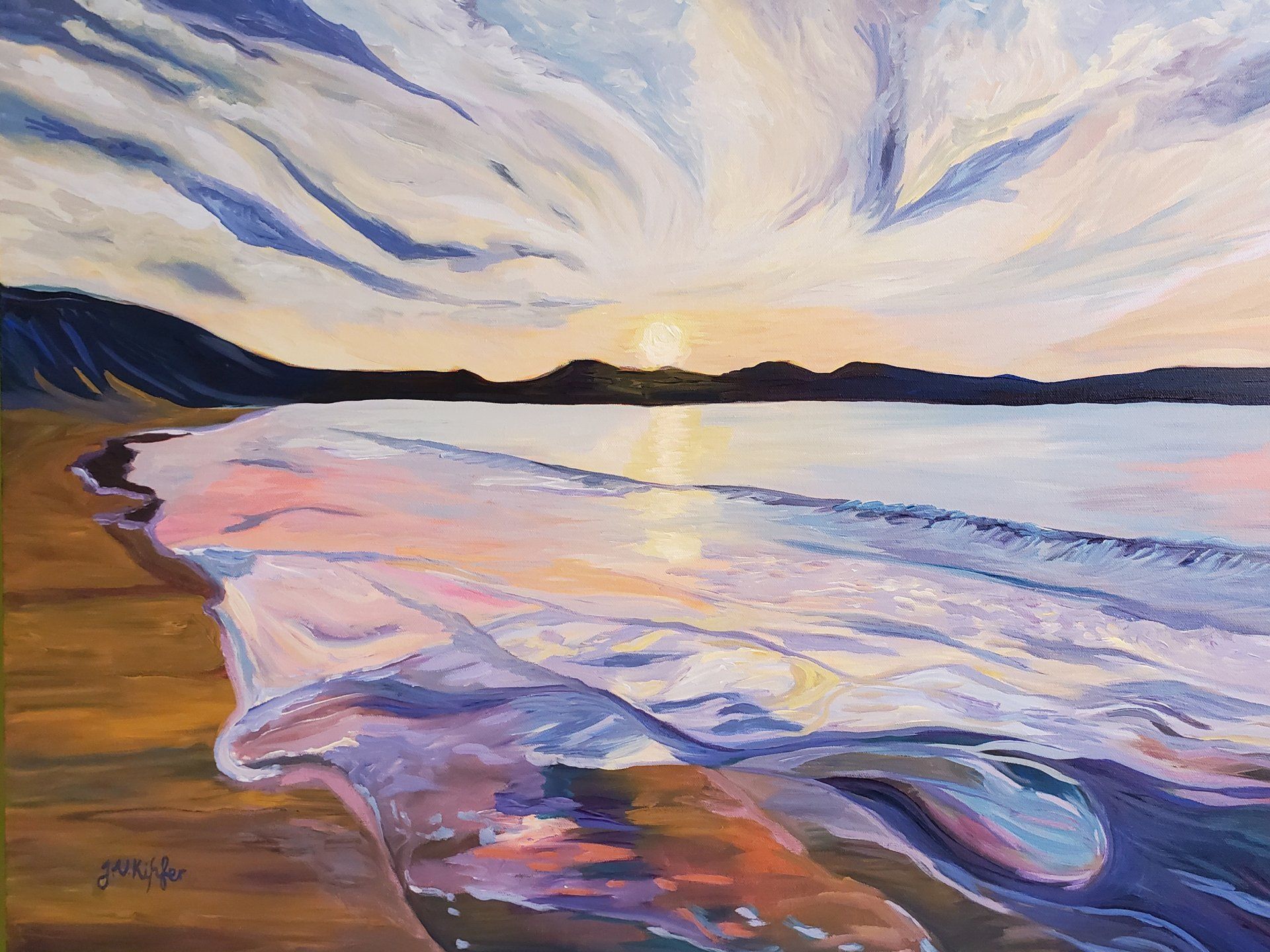 It is a painting of a sunset over the ocean.