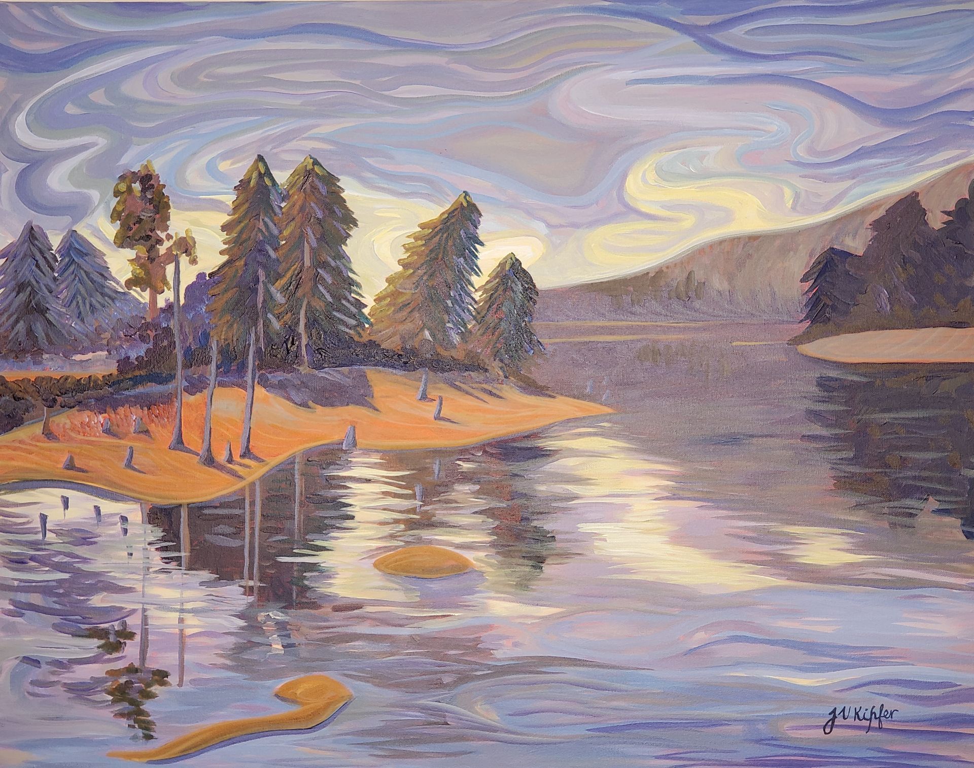 A painting of a lake with trees and mountains in the background