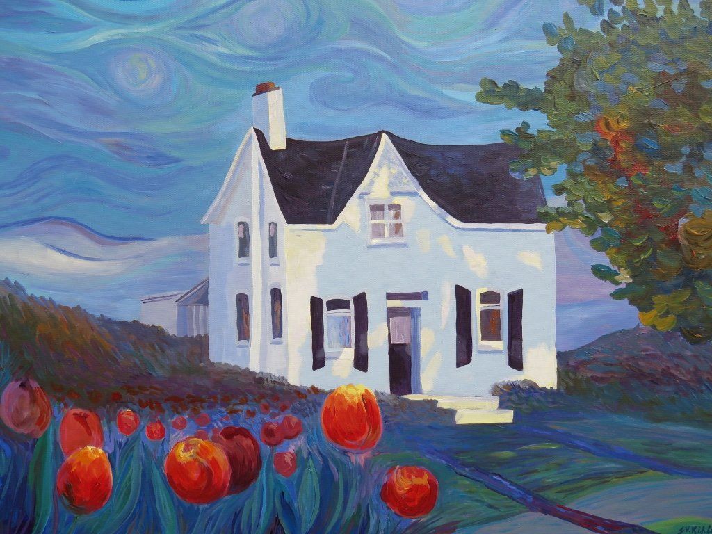 A painting of a white house with red tulips in front of it