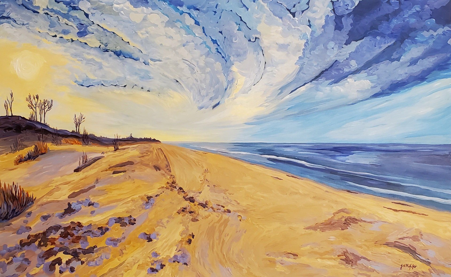 It is a painting of a beach with a sunset in the background.