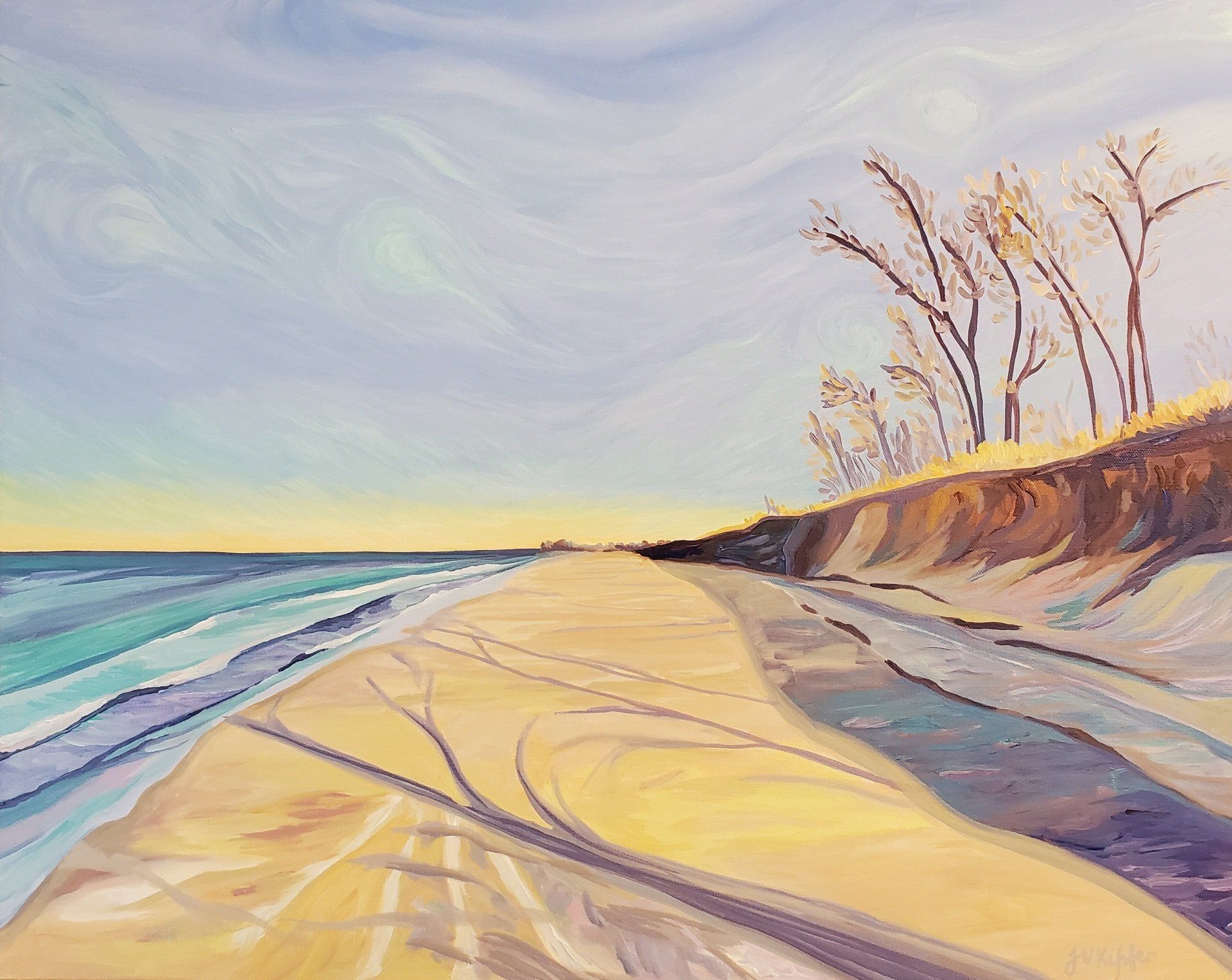 A painting of a sandy beach with trees in the background