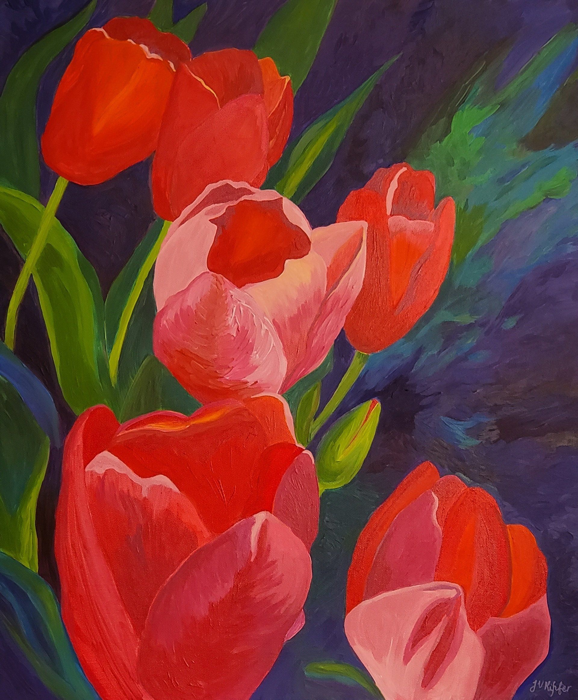 A painting of red and pink tulips on a purple background