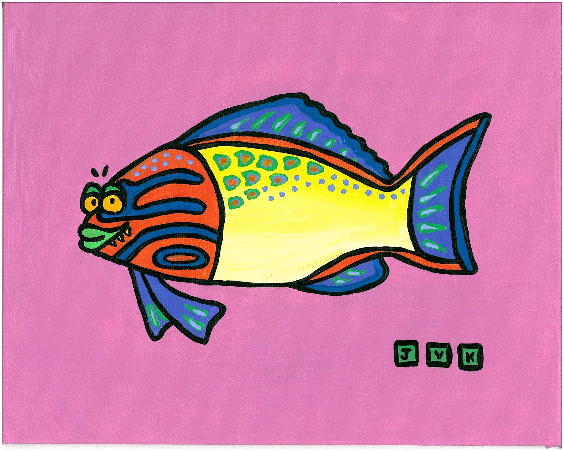 Cartoon fish with an orange and blue head, yellow body, and blue fins against a pink background. The fish has an angry expression.