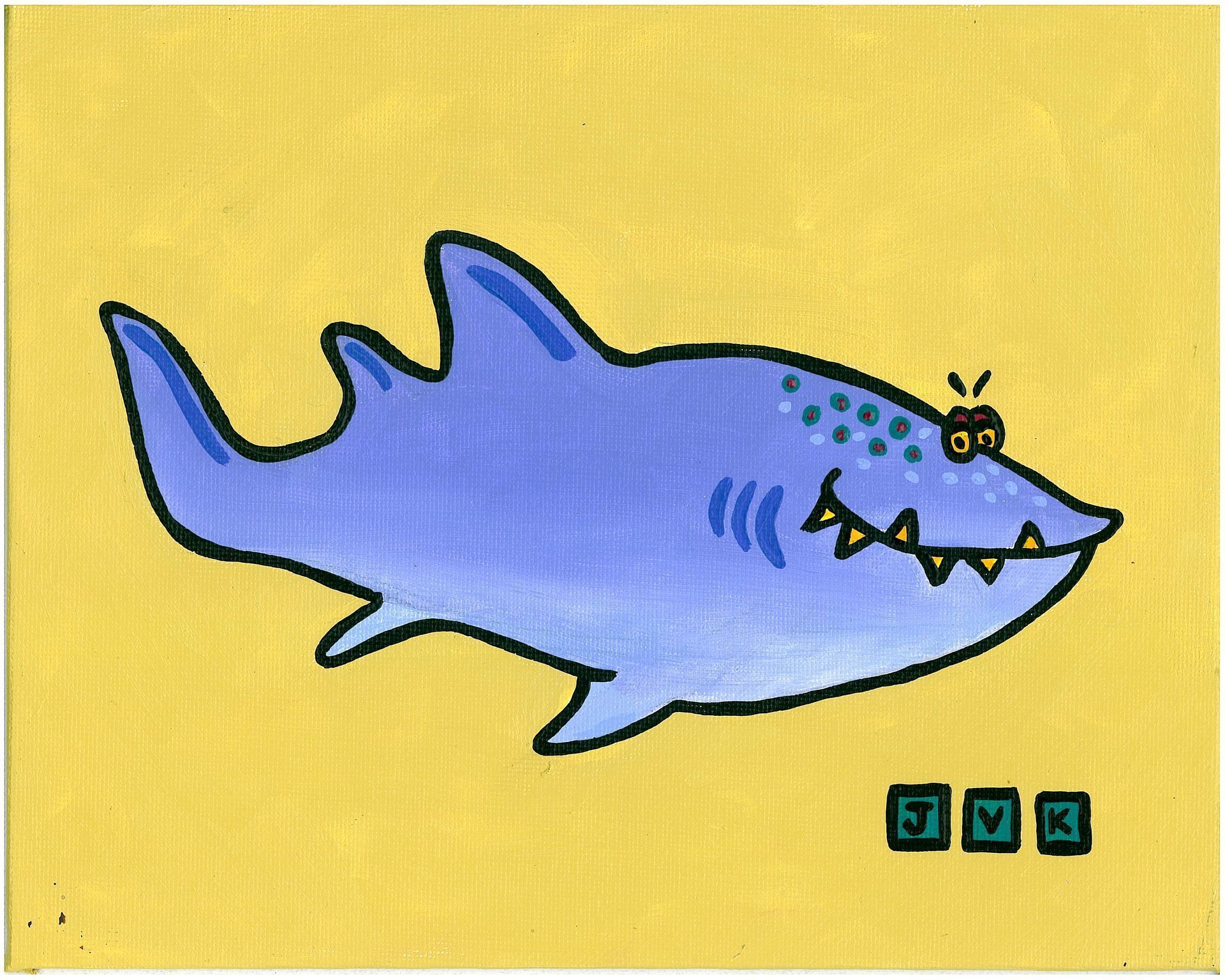 Blue cartoon shark with angry expression on yellow background. Text 