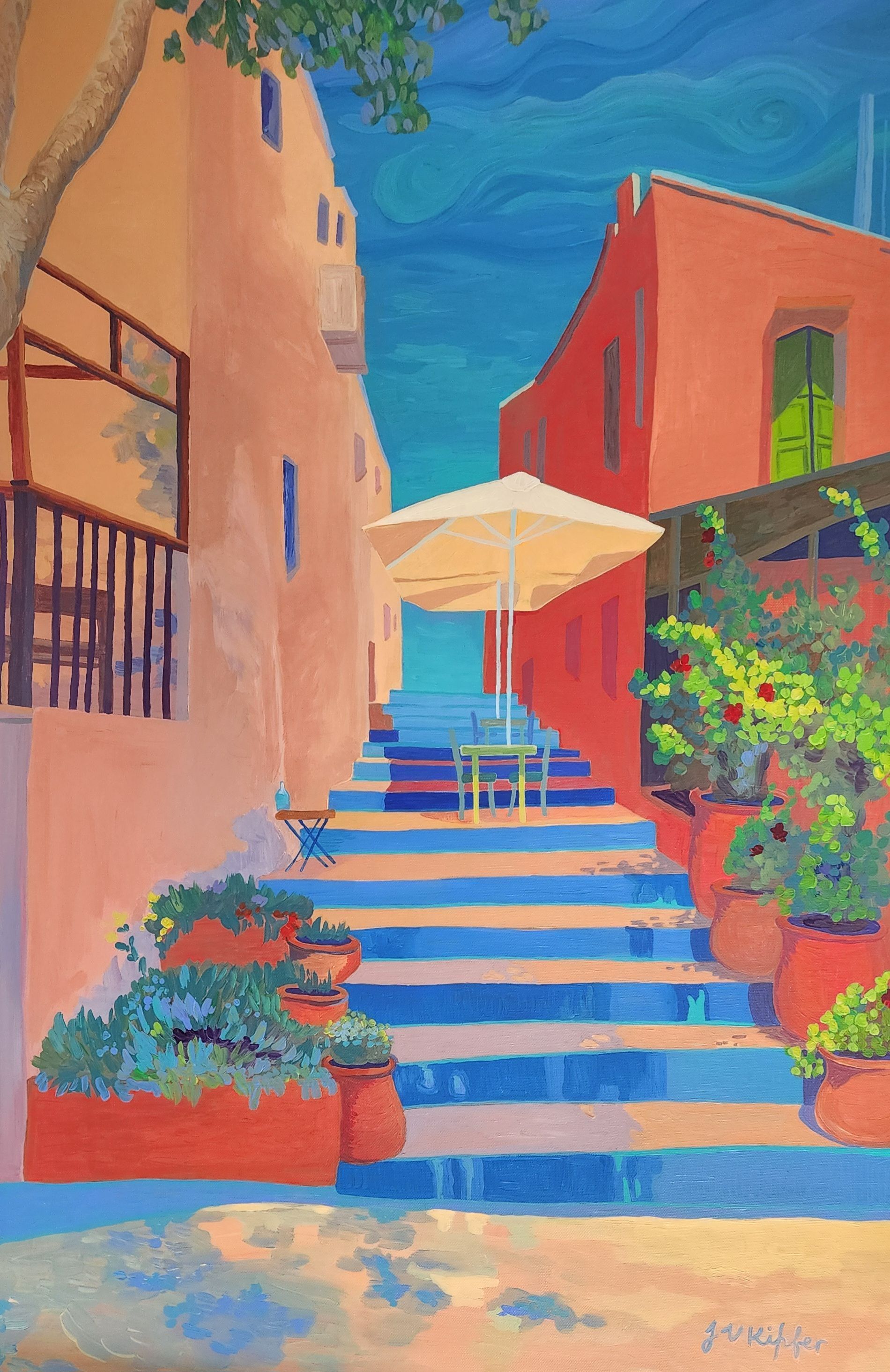 A painting of a narrow alleyway with stairs and a white umbrella.