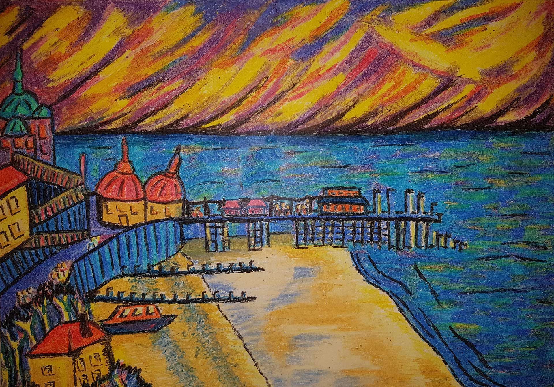 A colorful painting of a pier