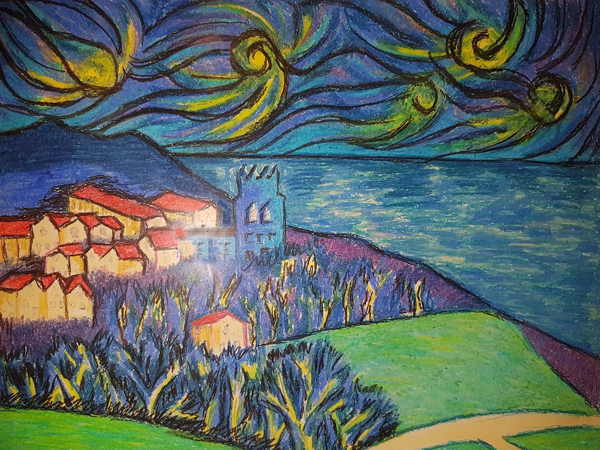 A painting of a night sky with a castle in the distance and a village in the foreground.