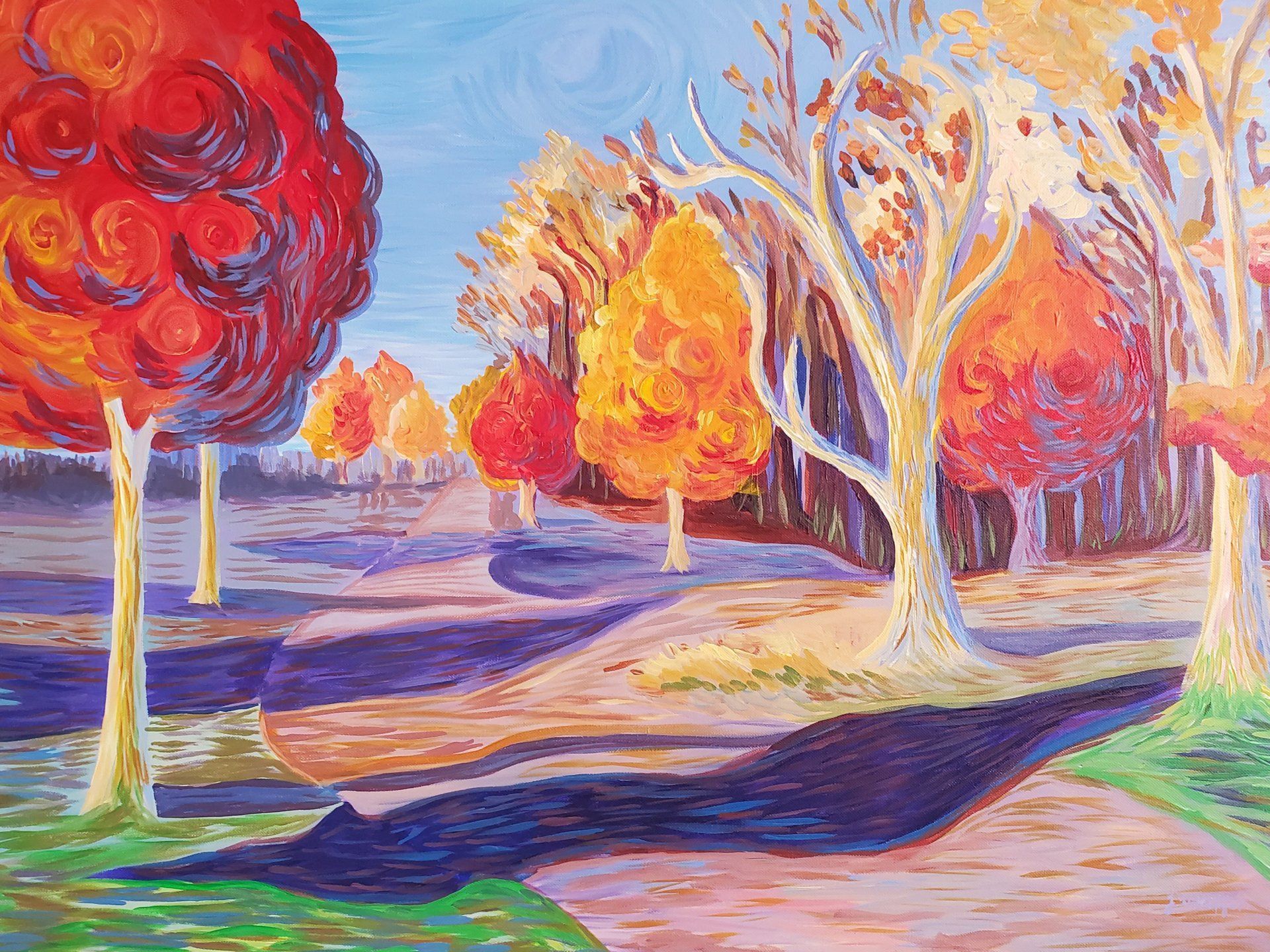 A painting of a park with trees and a path.