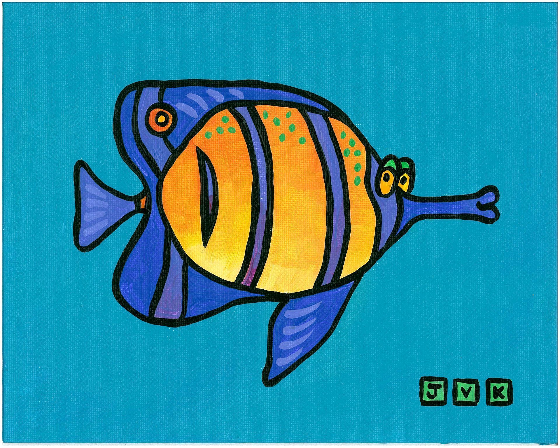 Blue and orange cartoon fish with a long snout on a turquoise background. The fish has stripes and a curious expression.