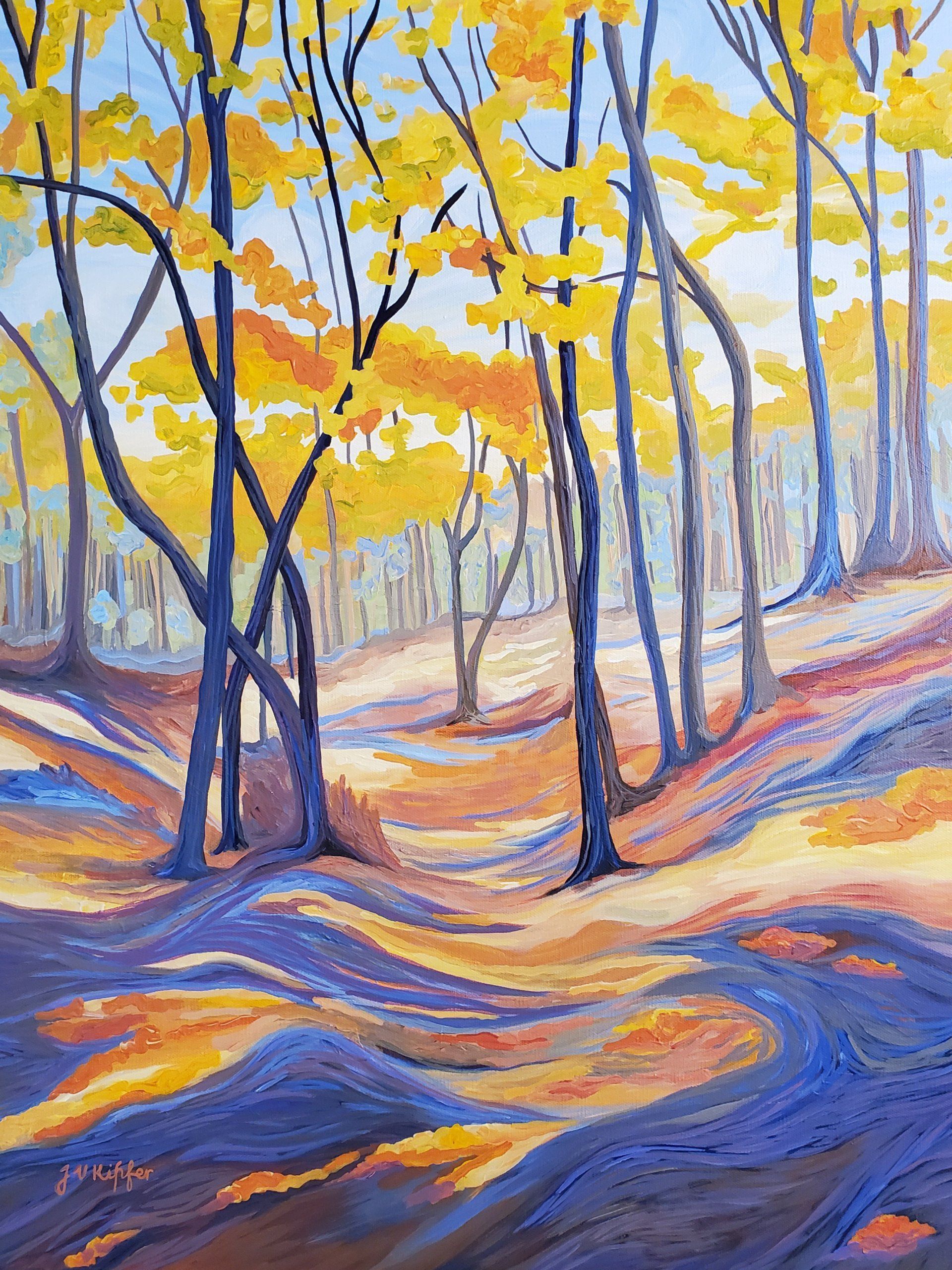 A painting of a forest with yellow leaves on the trees
