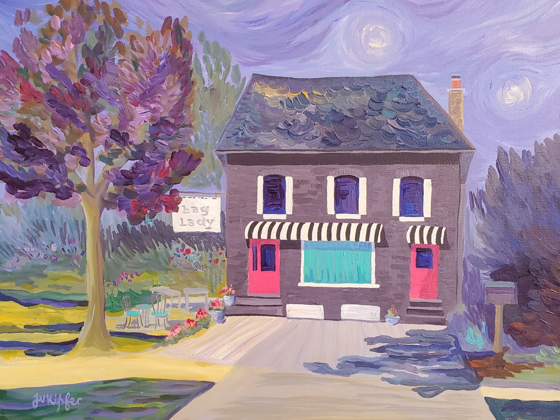 A painting of a house with a tree in front of it