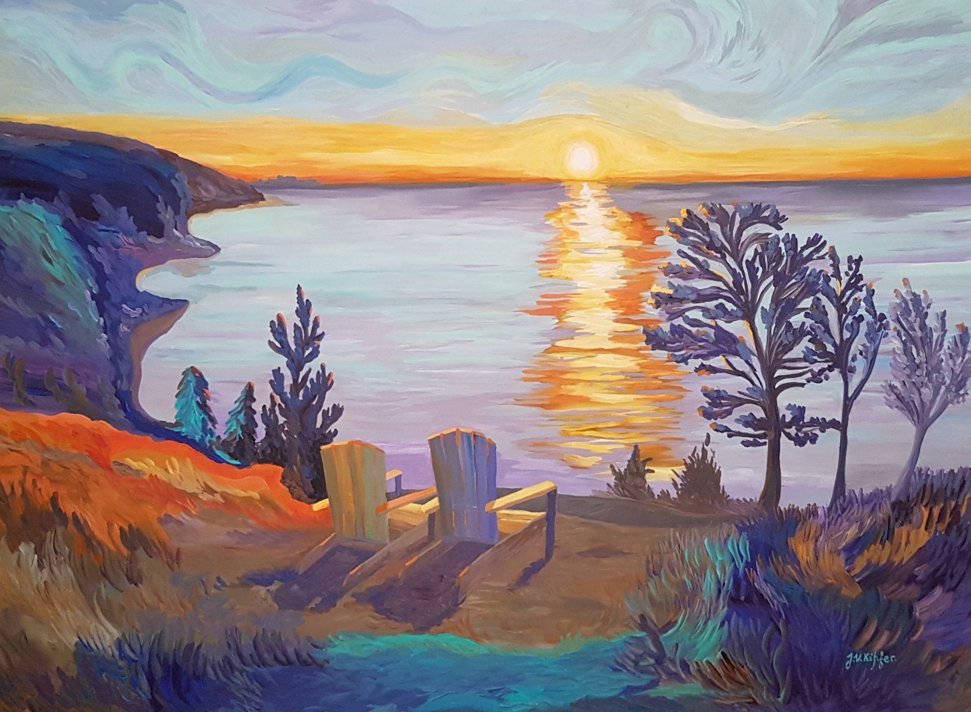 A painting of a sunset over a body of water with chairs and trees in the foreground.