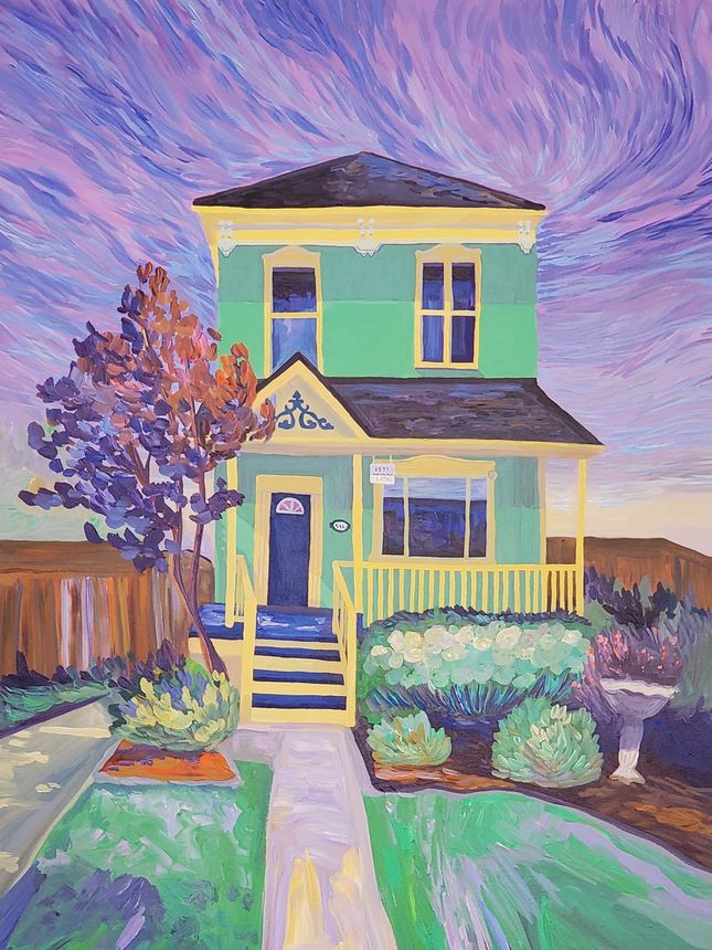 Two-story green house with a porch, small yard, and purple-toned sky and tree.
