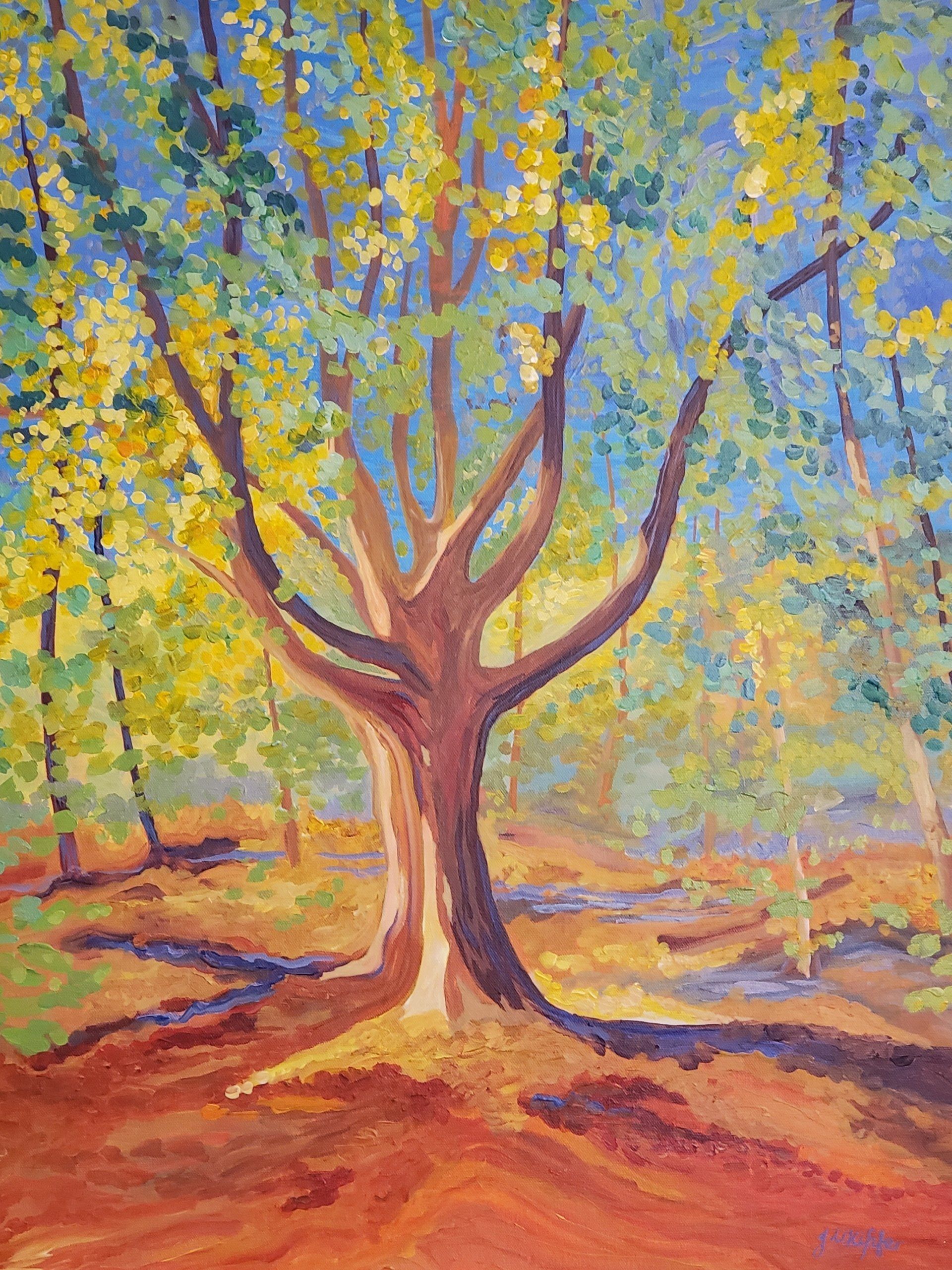 A painting of a tree in a forest with yellow leaves.