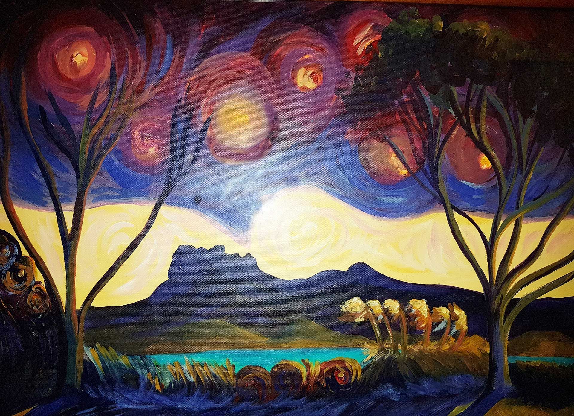 A painting of a starry night sky with trees in the foreground