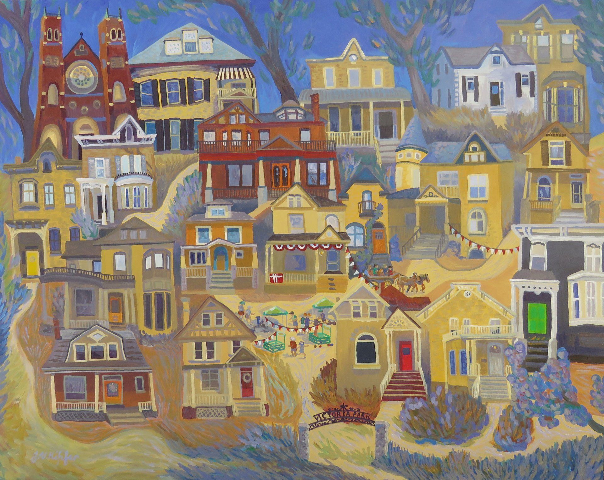 A painting of a row of houses with a church in the background