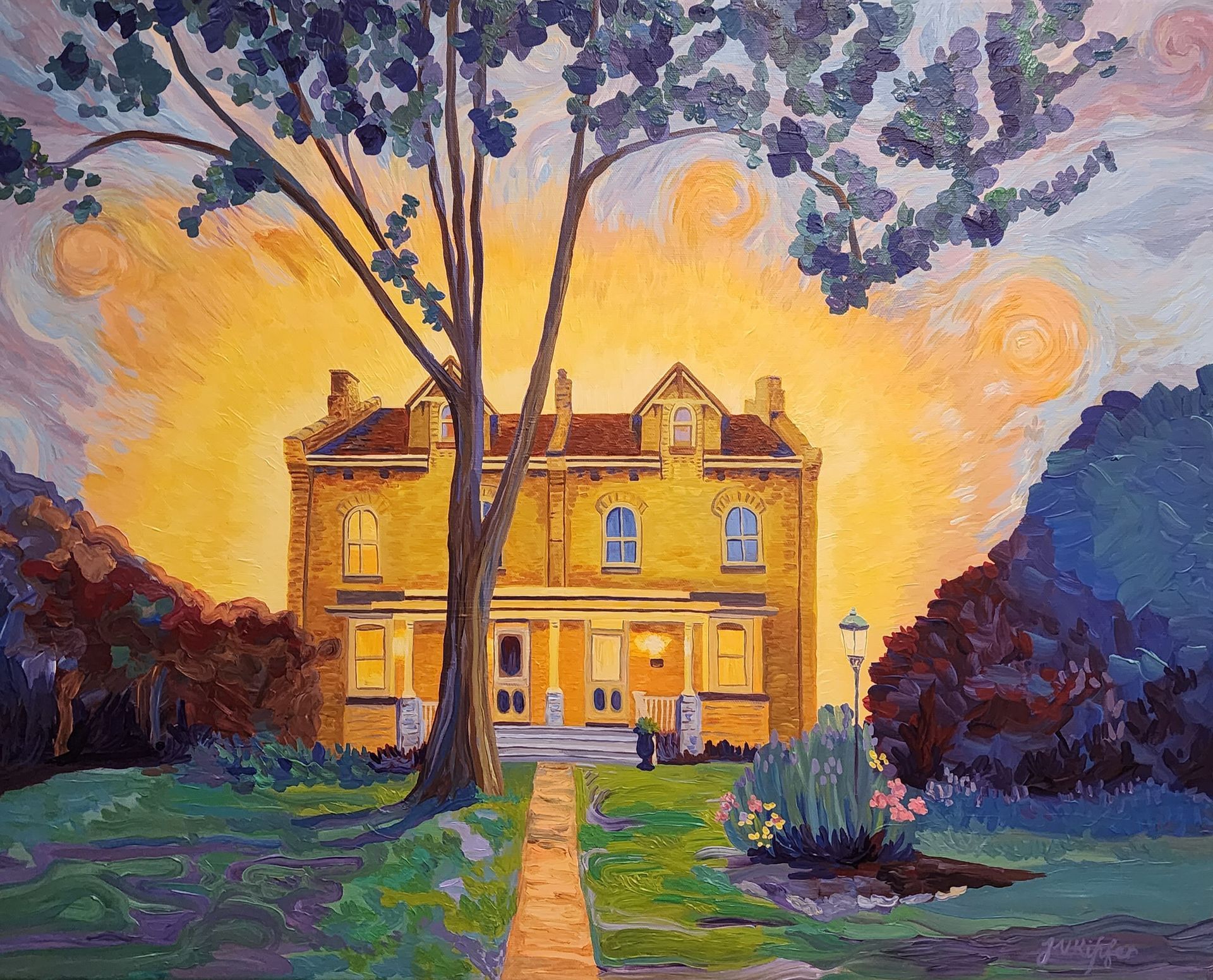 A painting of a house with a tree in front of it