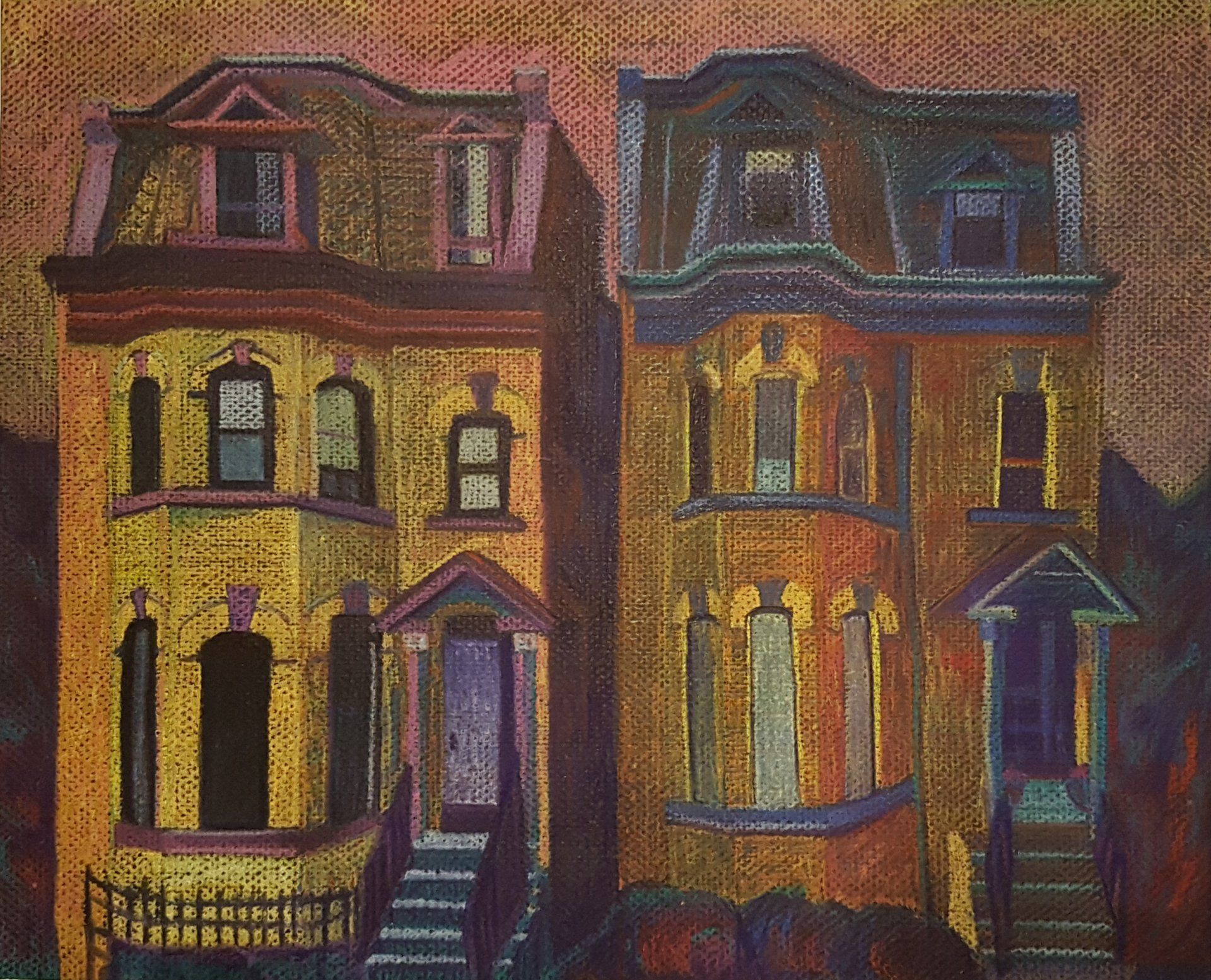 A painting of two houses with stairs between them