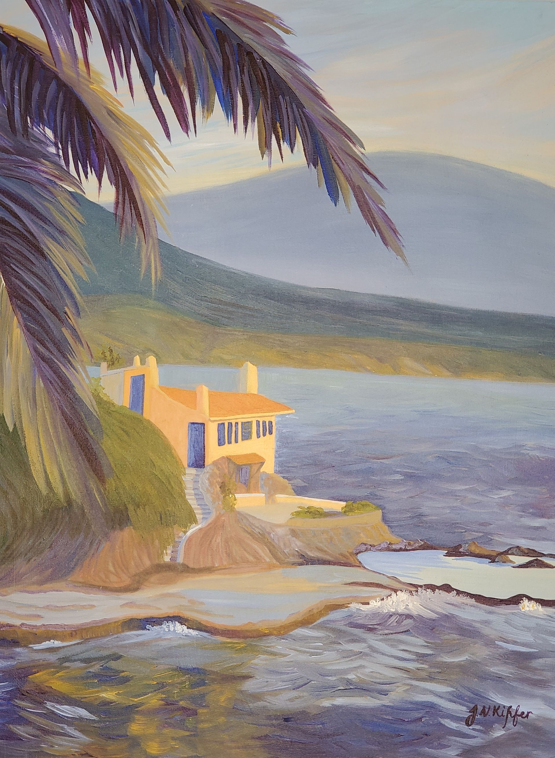 A painting of a house on a cliff overlooking the ocean