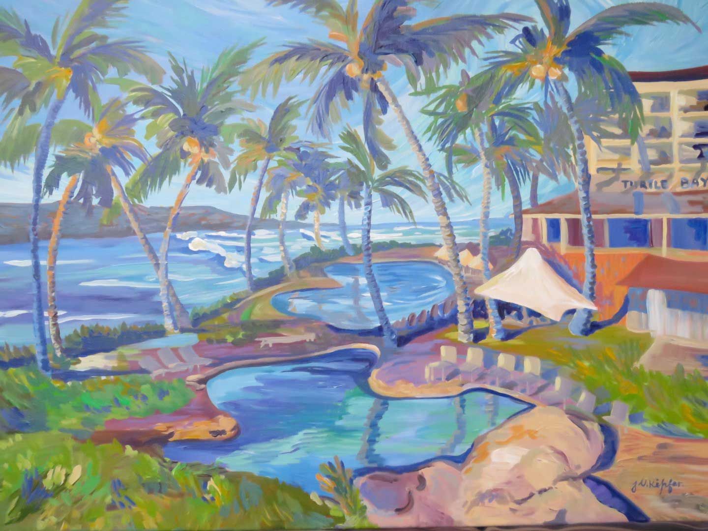 A painting of a swimming pool surrounded by palm trees