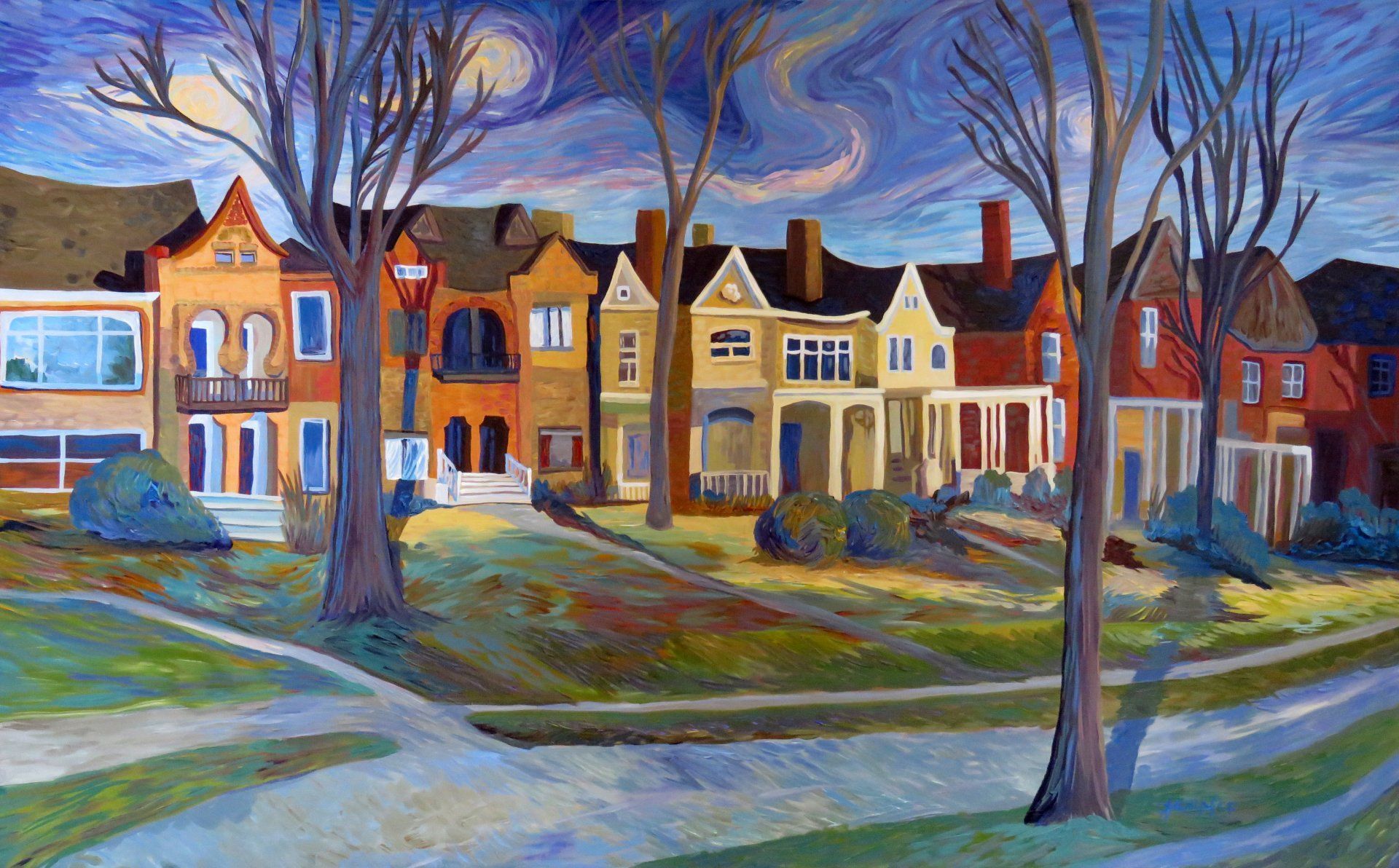 A painting of a row of houses with trees in front of them