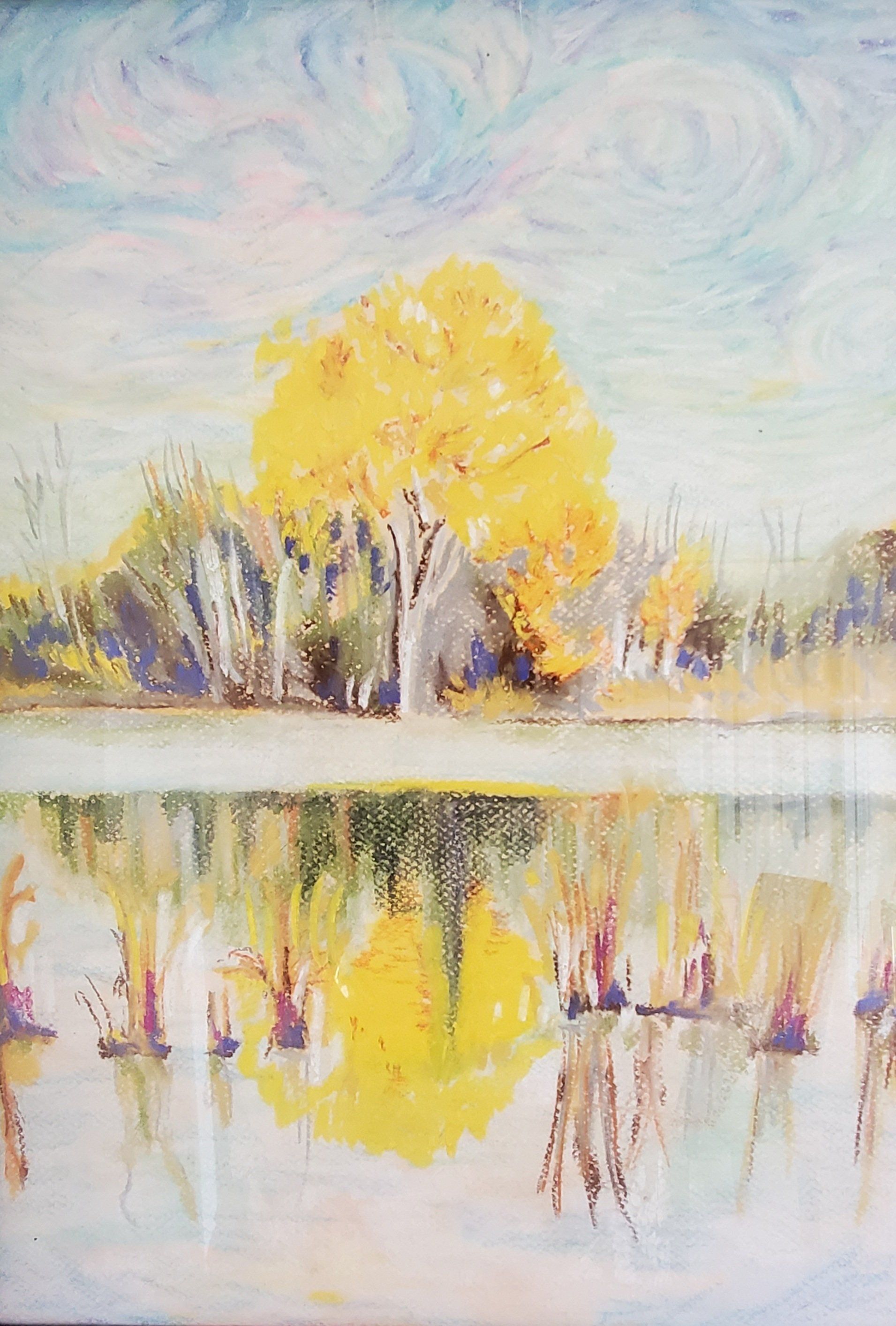 A painting of a lake with trees in the background and a yellow tree in the foreground.