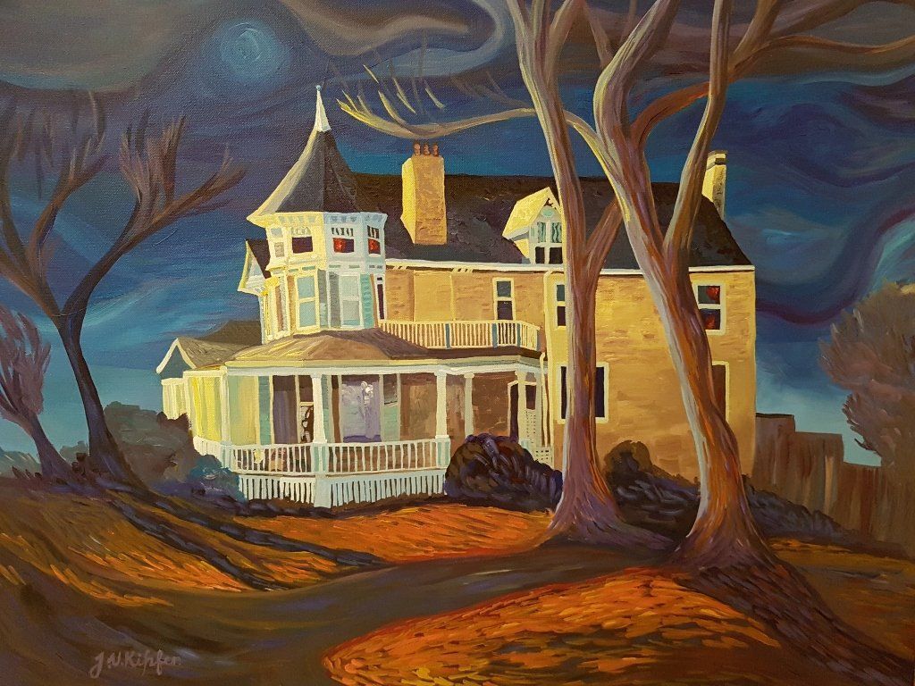 A painting of a house with trees in front of it
